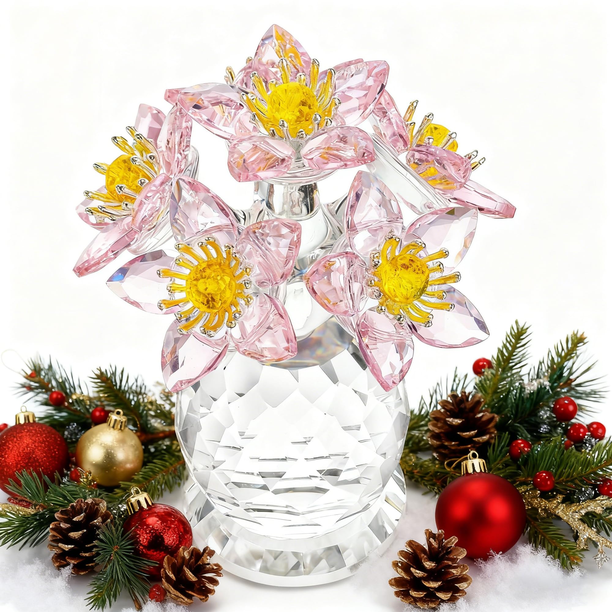 Crystal Christmas Flower Figurine with Vase 3.8in Tall Glass Flower Figurine Collections Home Decor for Thanksgiving Christmas Wedding Centerpiece,Gift for Women(Pink)