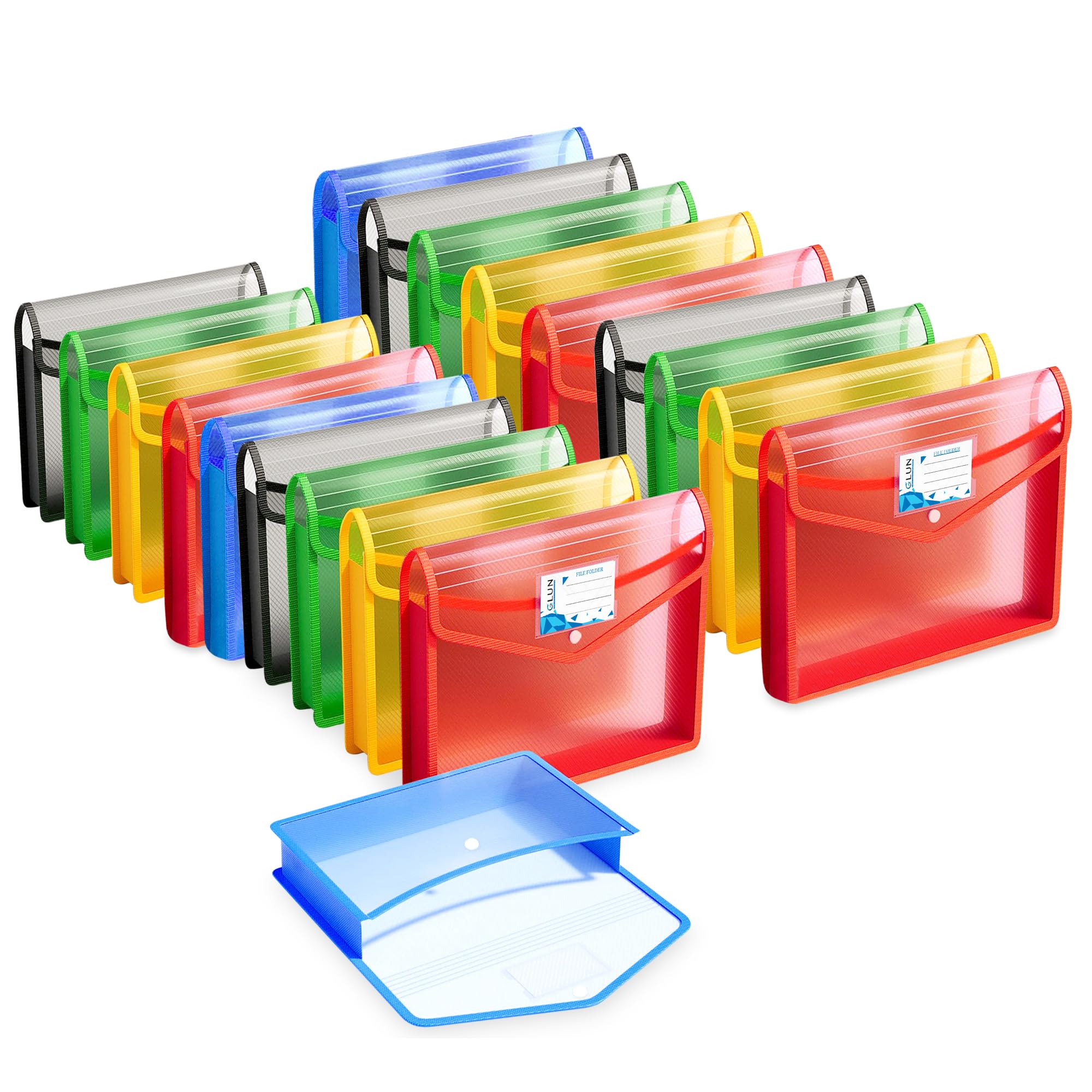 GLUN® Pack of 20 Multicolour Translucent File Folder Snap Button Locking System, A4 Carry Bag with Strong Stitch, Strong Borders with Poly Cloth, Documents File Storage Bag