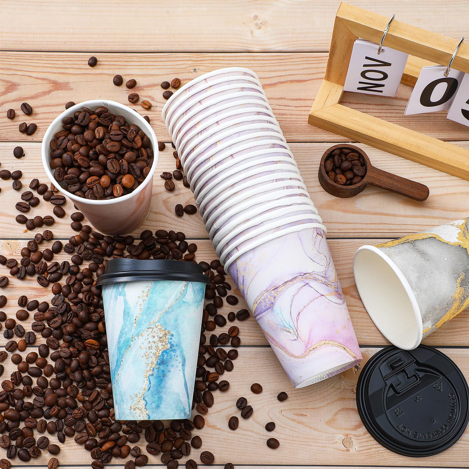 Eaasty 200 Pack 12 oz Disposable Coffee Cups with Lids Marble Paper Espresso Coffee Tea Hot Chocolate Cold Drinks Cups for Travel Office Home Wedding Parties (Marble)