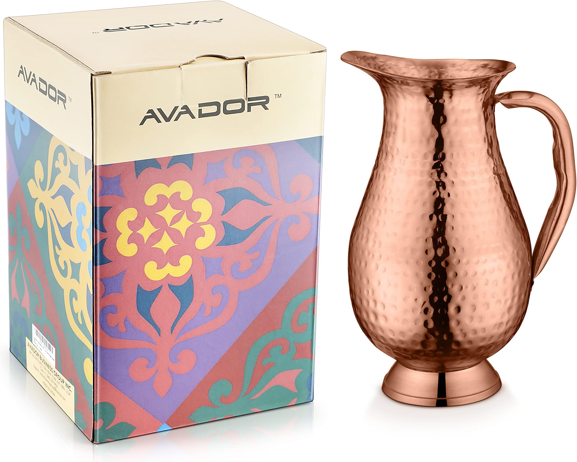 AVADOR Handcrafted 100% Pure Copper Jug Pitcher Drinkware Hammered Finish Ayurveda Health Benefit (Design 1)
