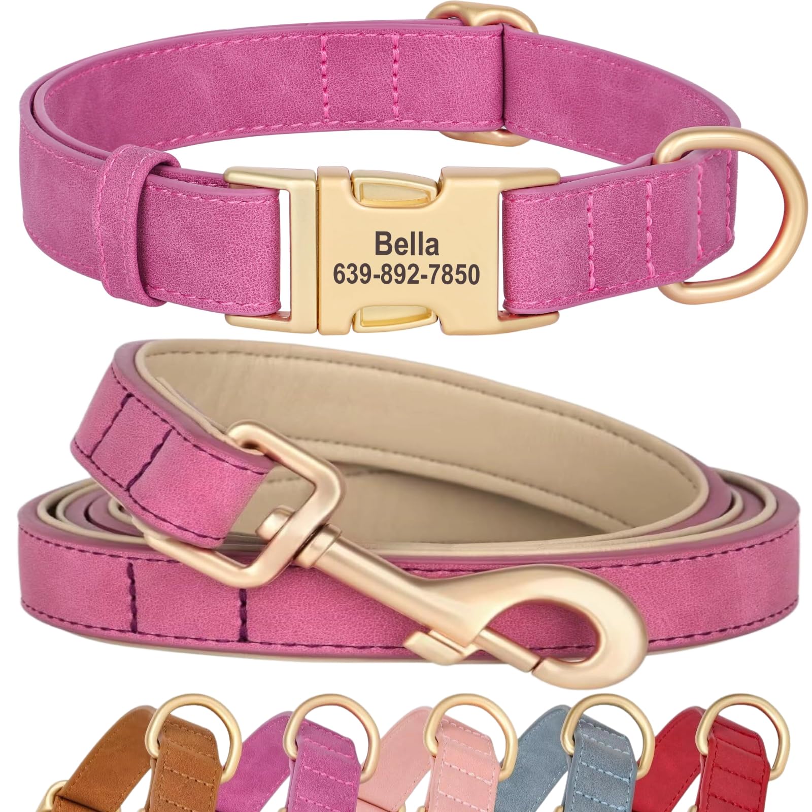 SEOUGEE Personalised Dog Collar and Lead Set, Custom Soft PU Leather Dog Collars, Adjustable & Durable Pet Collars with Quick Release Metal Buckle for Medium Dogs (M, Rose Set 32-52cm)