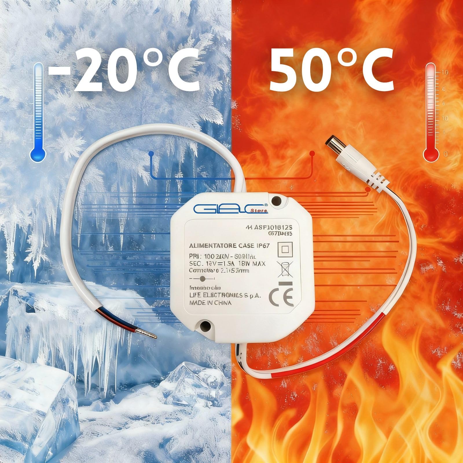 Alimentatore IP67 Impermeabile, Tensione Costante 12V DC, 100-240V AC, Dimensioni 50x50x25mm, Protezione Sovraccarico, Certificato CE (2A-24W)