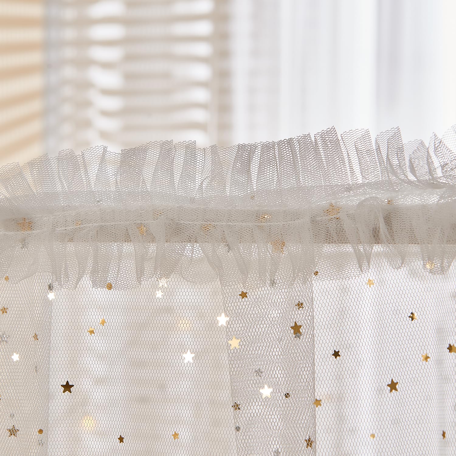 Weißer glänzender Betthimmel mit Lichtern für Mädchen und Kinder, 4 Eckpfosten, Mond, Sterne, Pailletten, Prinzessin, Betthimmel, Bettvorhänge für Schlafzimmer, Dekoration (voll, weiß)