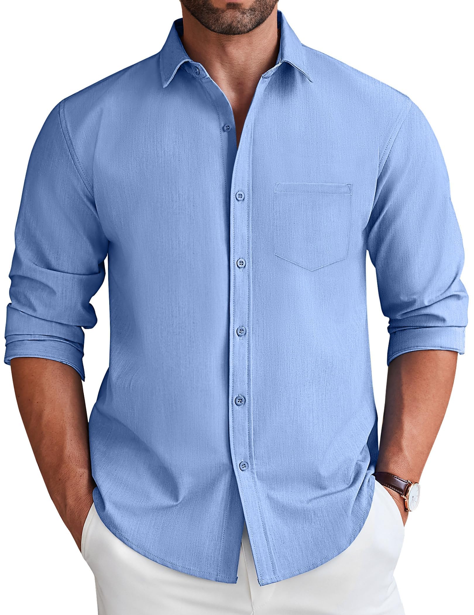 COOFANDY Mens Long Sleeve Button Down Shirt Wrinkle Free Untucked Dress Shirt Casual Denim Shirt