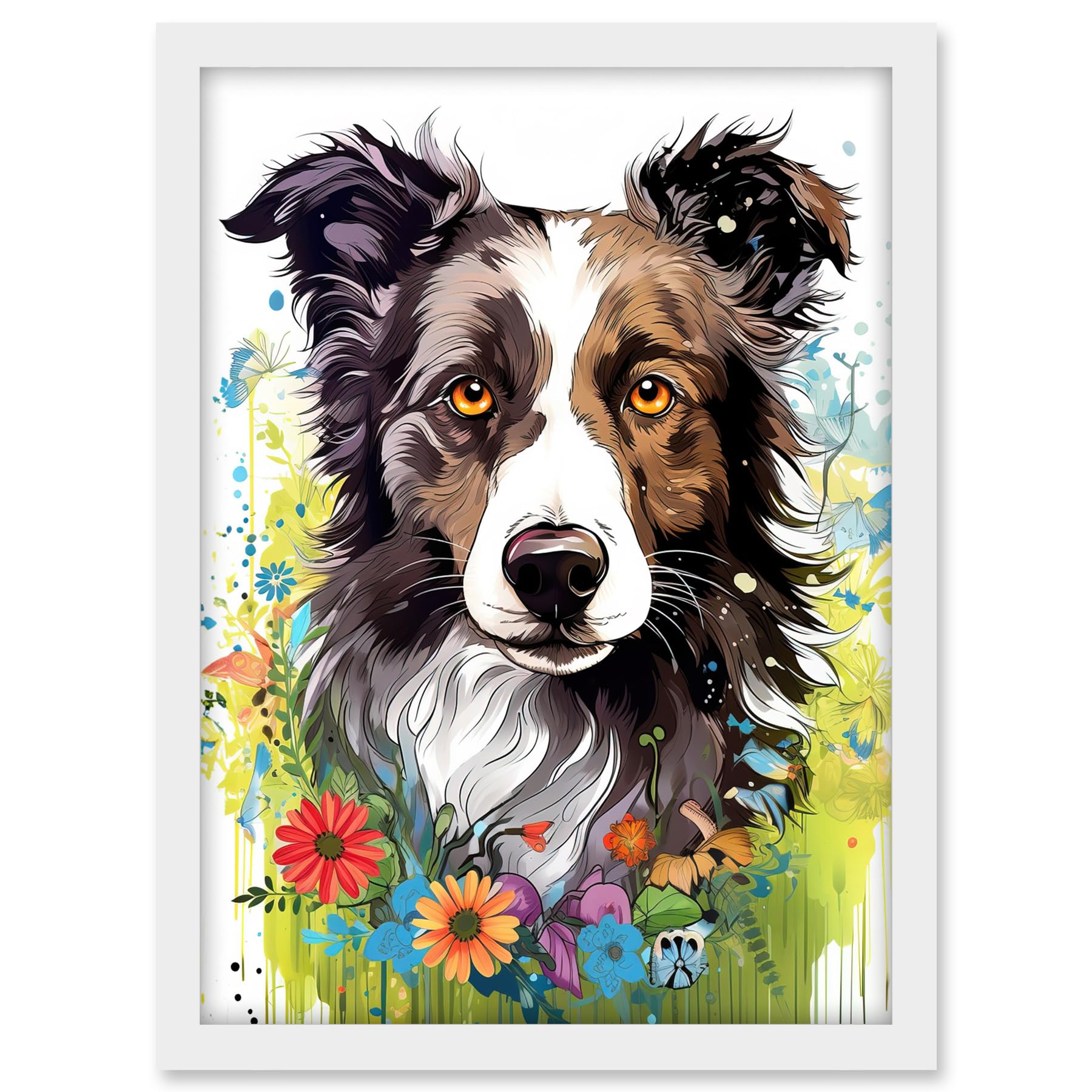 Artery8 Border Collie Dog Bright Watercolour Painting Floral Portrait with Wildflowers and Butterflies Artwork Framed A3 Wall Art Print