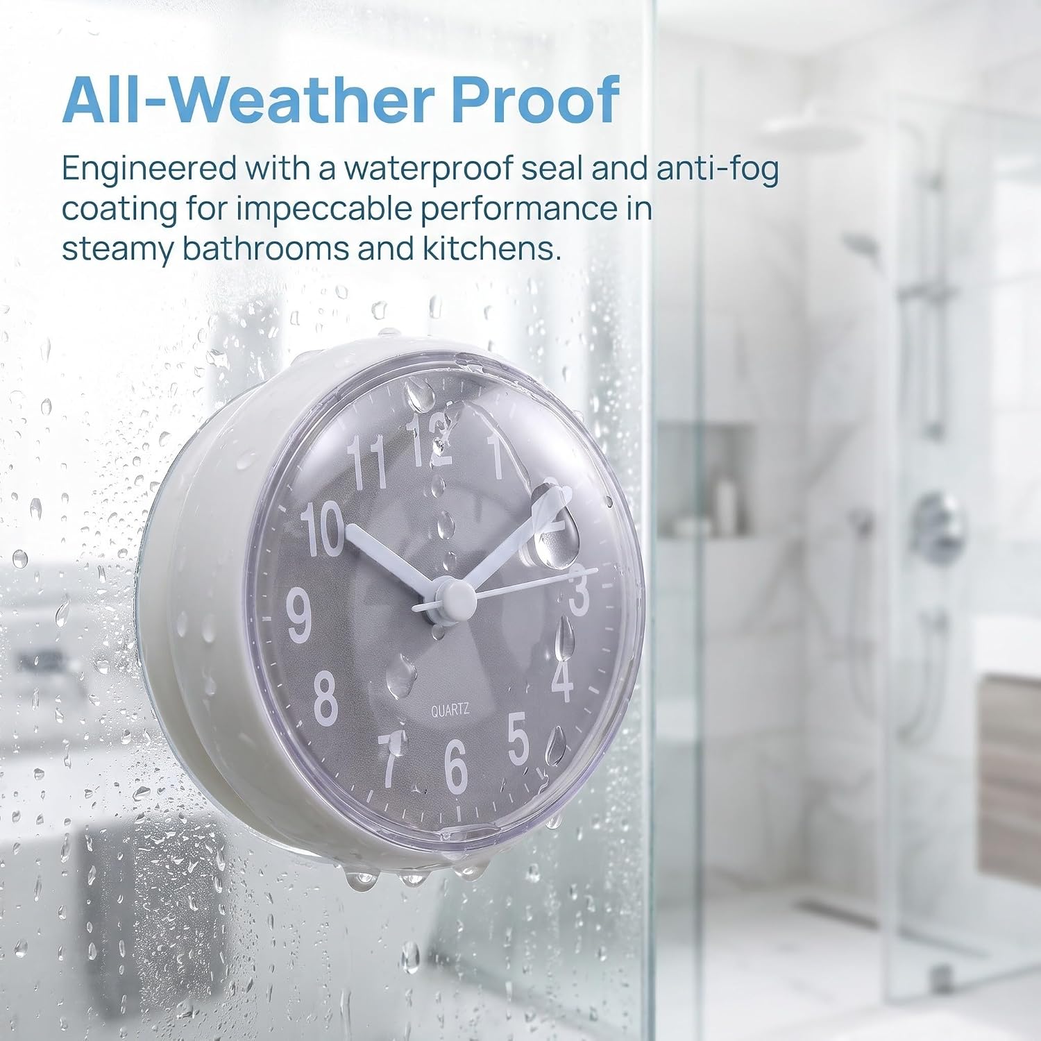 Analog Shower Clock with Suction Cup Mount, PVC Waterproof Grey