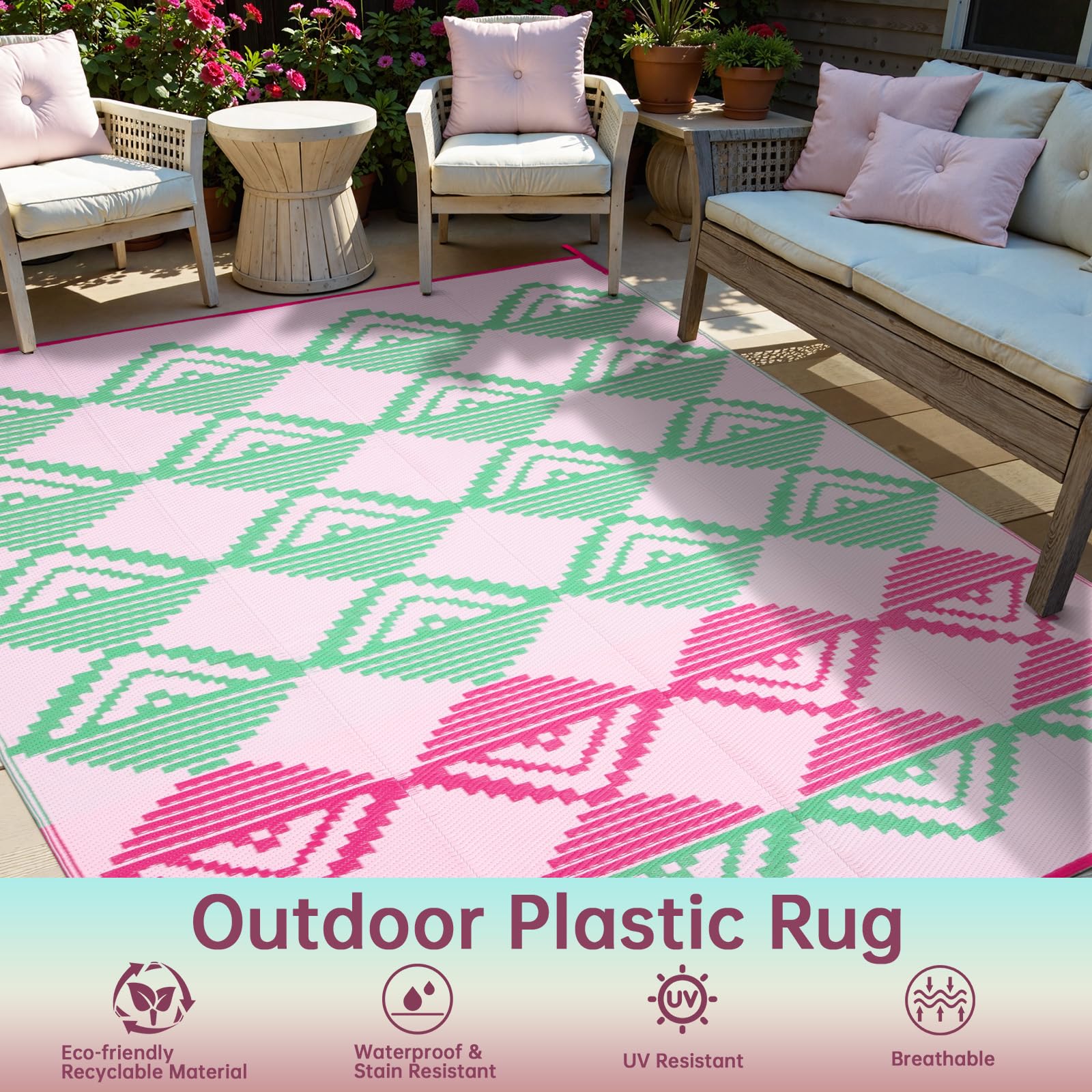 Checkered Rug 6'x4' Pink Flower Waterproof Plastic Straw Mat For