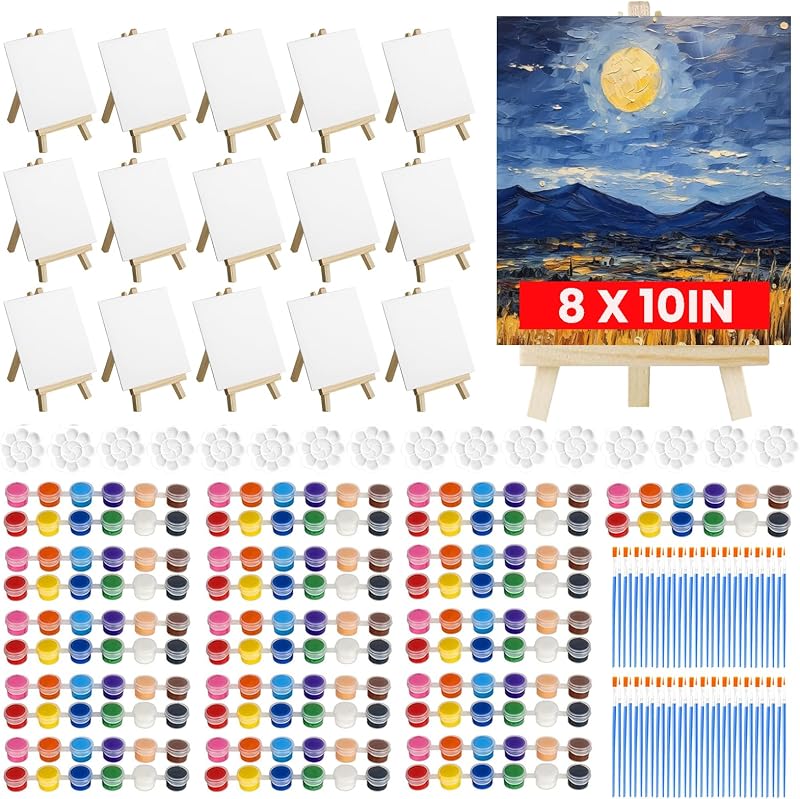 16 Pack Canvas and Easel Set, 8 x 10 inch Painting Kit for Party Supplies | Sip and Paint Kit with 12 Colors Acrylic Paint for Adults Beginners