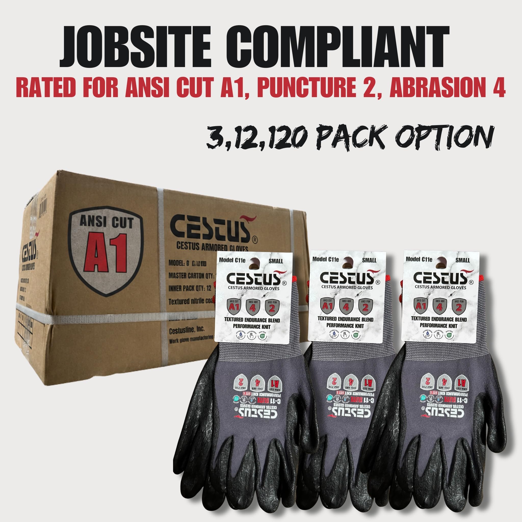 Cestus C11e, ANSI A1 - Guantes de trabajo resistentes a cortes con agarre, revestimiento de nitrilo texturizado, pantalla táctil, tejido fino 15G sin costuras (120 pares, XL)