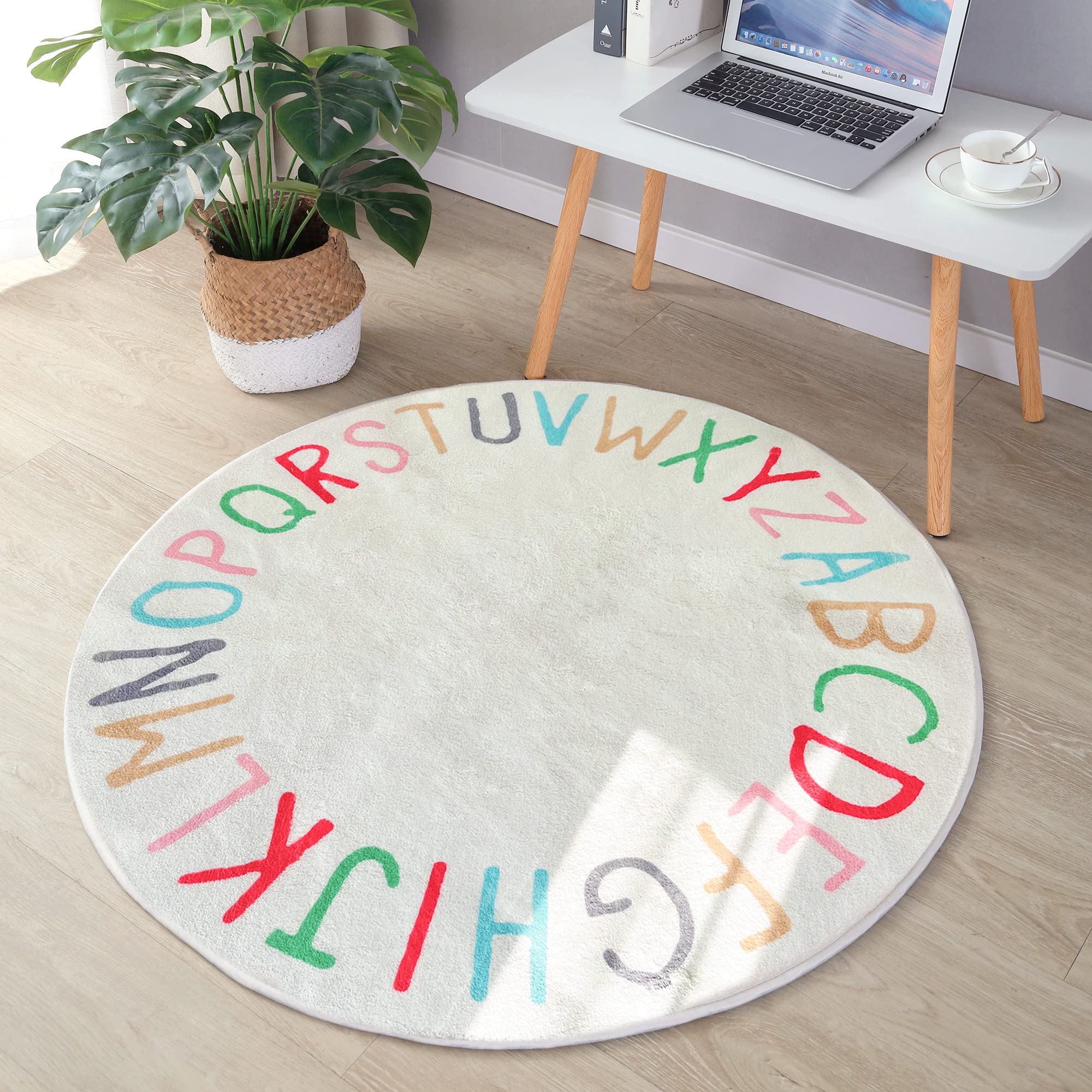 Offizon Round Soft and Fluffy Area Rug, 120x120 cm Feet Beige Furry Smooth Indoor Decor, Carpets for Living Room Bedroom (Alphabet) - Image 3