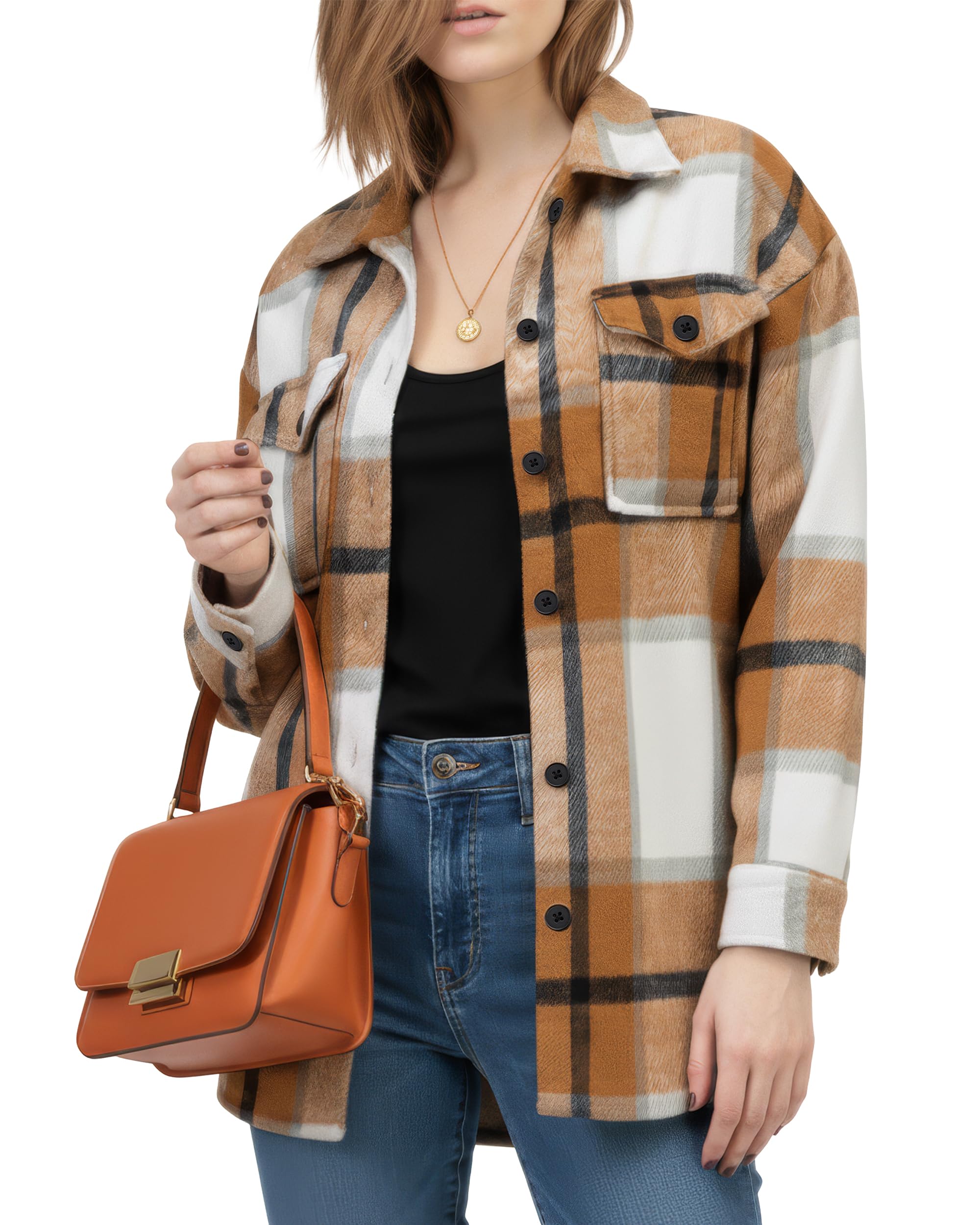 NY Threads Women's Flannel Shirt Plaid Shacket Fall Outfit Relaxed Fit Button Down Long Sleeve Top Casual Jacket for Women, X-Small, Brown/White