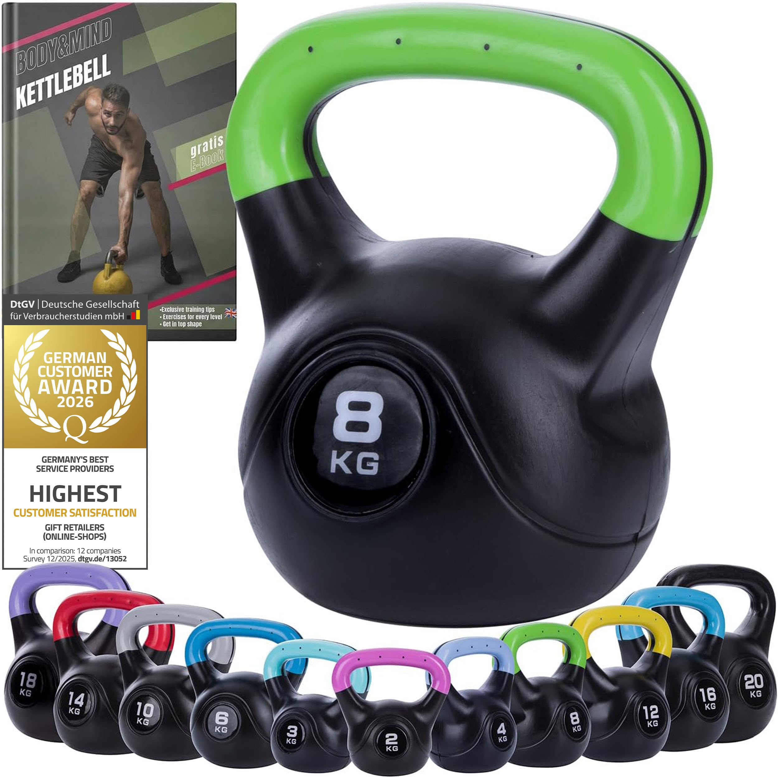 Body & Mind® Kettlebell Ball de plástico 2-20 kg - Pesa para entrenamiento de fuerza - Fitness profesional para balanceo (8Kg) — image 1