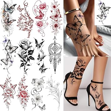 12 Sheets Beautiful Butterfly Flowers Temporary Tattoos For Women Feet Hands Body Art, Realistic Rose Peony Floral Fake Tattoo Sticker For Legs Ankle, Waterproof Lily Dreamcatcher Temp Tatoos Decals