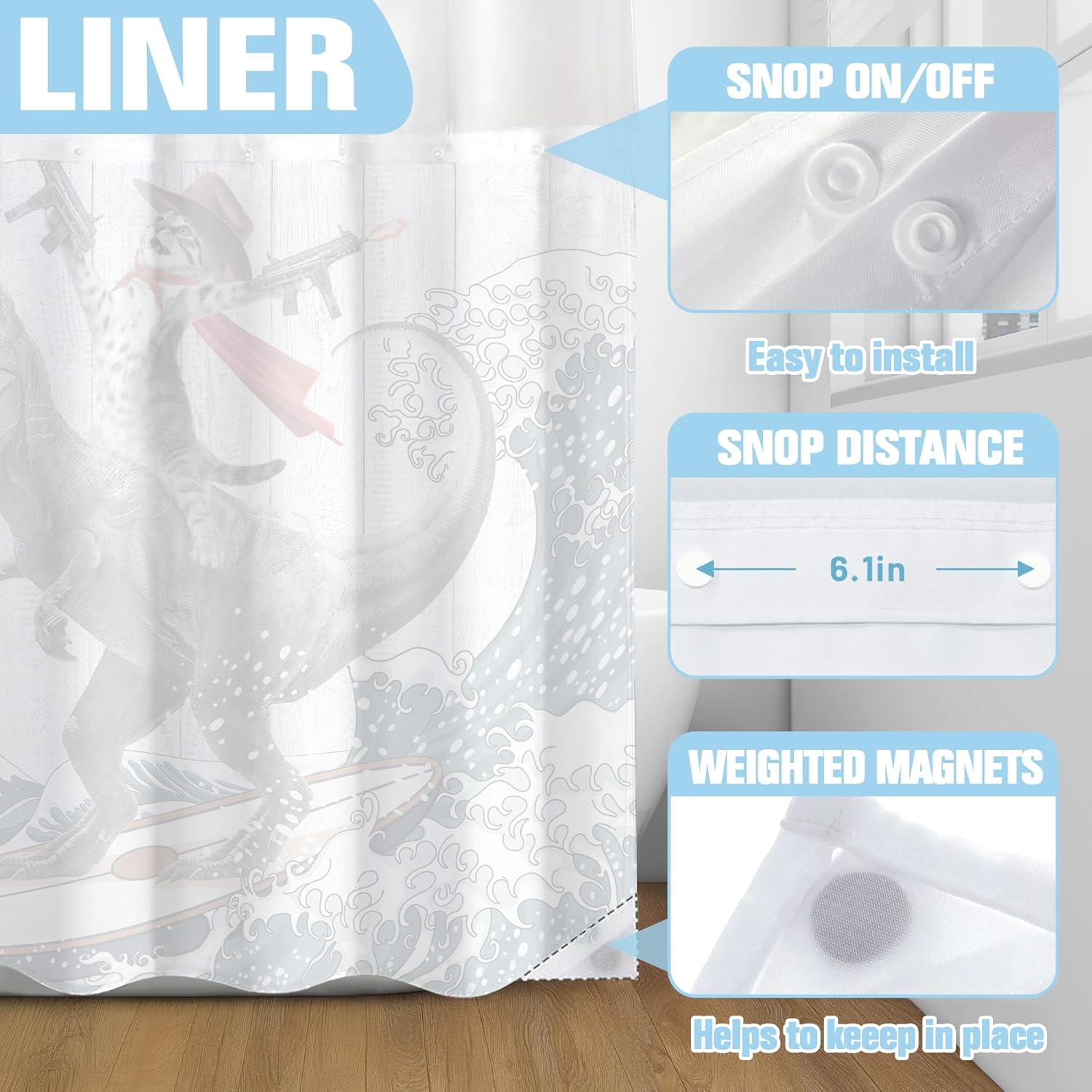 Surfing Cat Dinosaur No Hook Shower Curtain with Snap in Fabric Liner Set Funny Shower Curtains for Bathroom White Shower Curtain 74x71 Inches