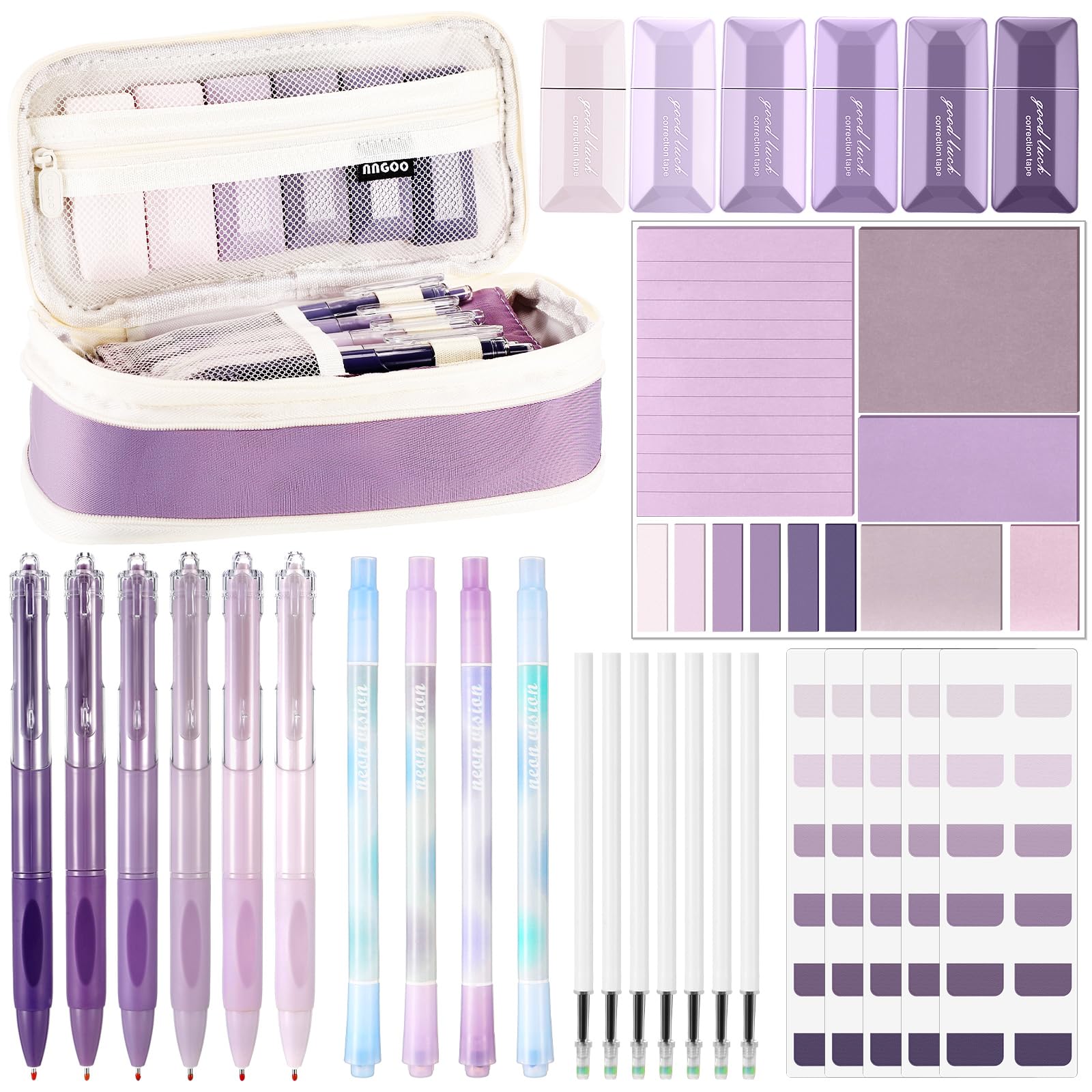 Janlaugh 38 Pcs Aesthetic College School Supplies with Pen Case Sticky Notes Gel Pens Highlighters Correction Tapes Back to School Stationery Kit(Purple Color,Classic)