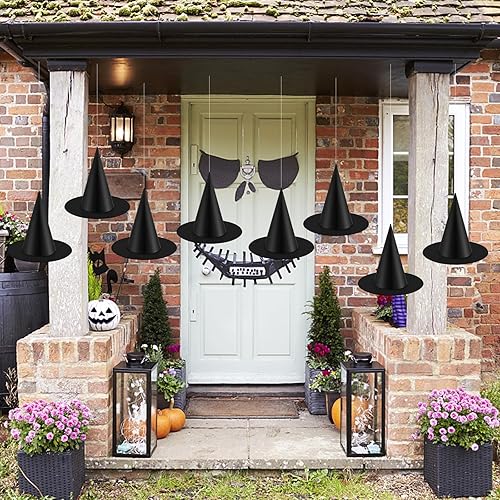 Miniatura 6 de Paquete de 12 sombreros de bruja negros de Halloween, sombrero de disfraz de bruja colgante con línea de pesca de nailon para decoración de patio de