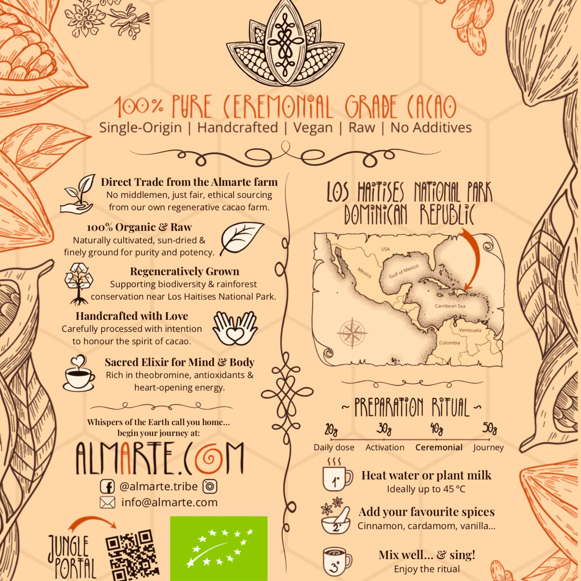ALMARTE Cacao ceremonial, 250 g, 100% crudo y puro, República Dominicana | Medicina abridora de corazón | Single Origin Bio | Granja regenerativa | Teobromina Energía | Sustituto de café