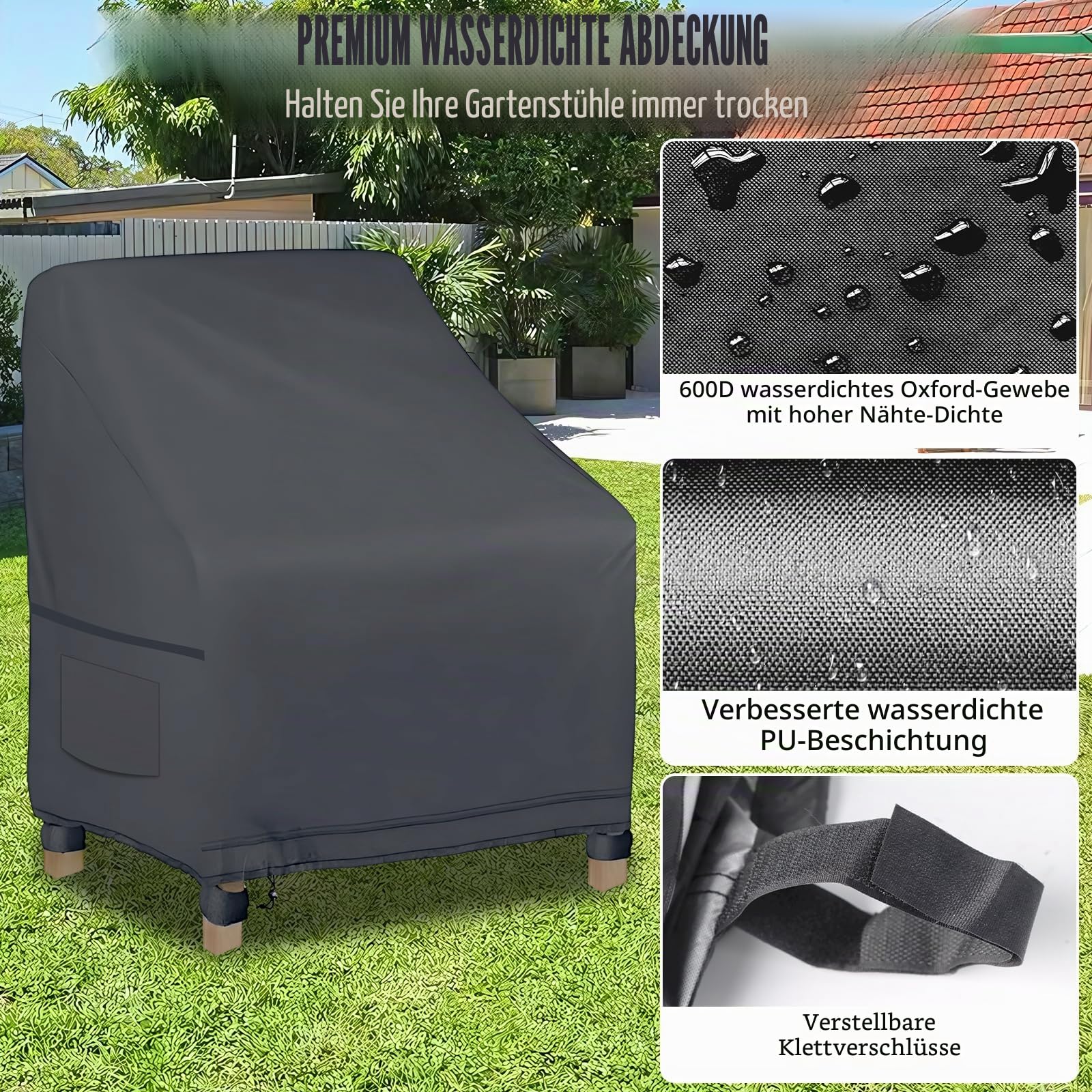 Gartenstuhl Abdeckung, 2 Stück Abdeckung Gartenstühle, Wasserdicht Schwerlast 600D Oxford Gewebe Stapelstühle Abdeckhaube Winterfest Winddicht UV Beständiges Schutzhülle Gartenstuhlhussen (Dunkelgrau)