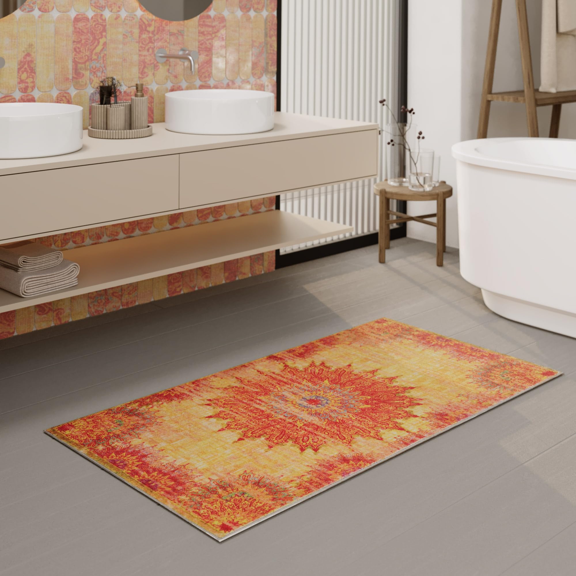 WECONhome Dywanik łazienkowy w stylu vintage, nadający się do prania, Mata Antypoślizgowa, z orientalnym wzorem, elegancja i komfort do każdej łazienki, Healing (70 x 120 cm, żółty)