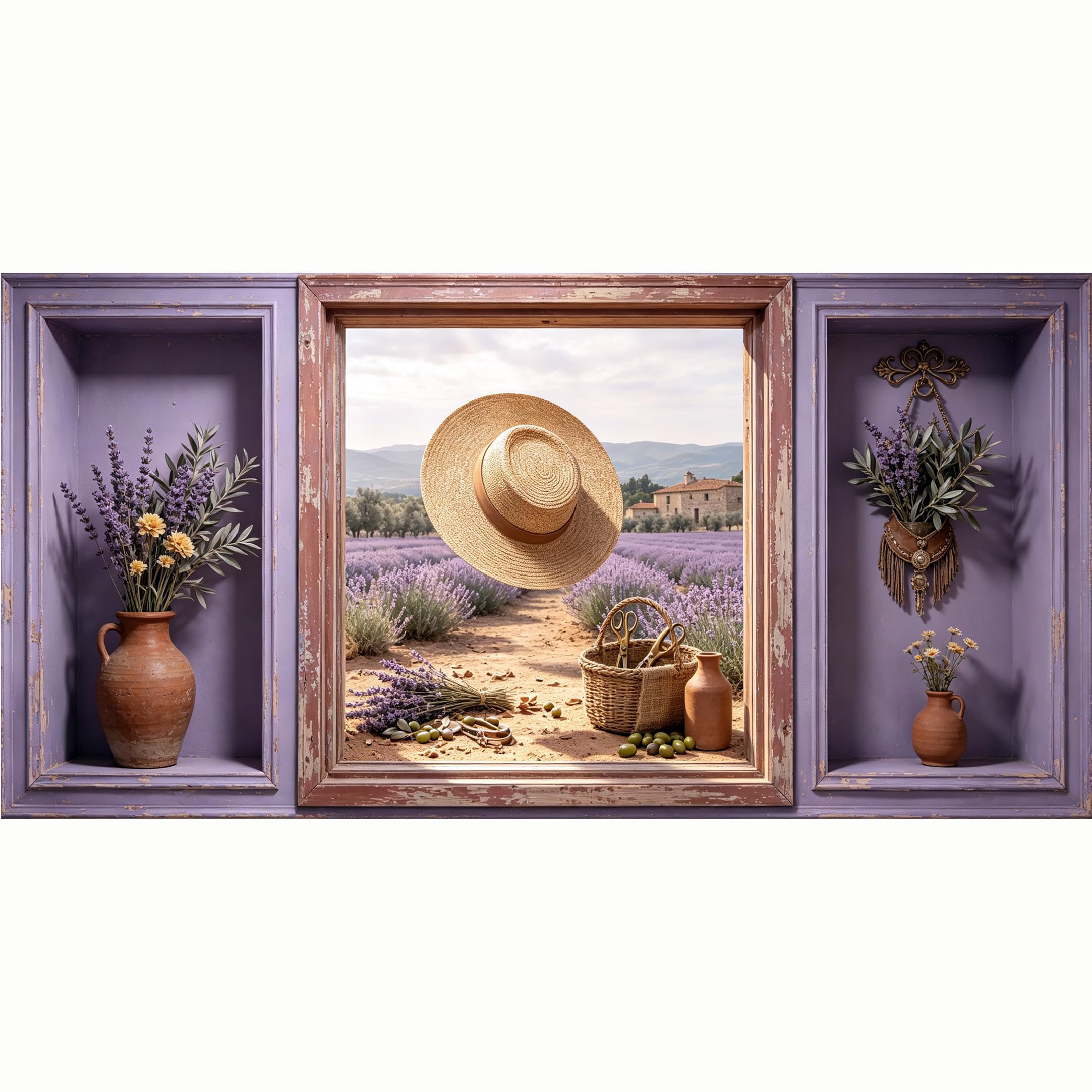 QZLITHOTIC 50x100cm 3D Framed Wall Art， Provence Lavender Field Straw Hat Farmhouse Mural， Water‑Activated Peel & Stick Fabric Decor Wall Decal for Bedroom Living Room