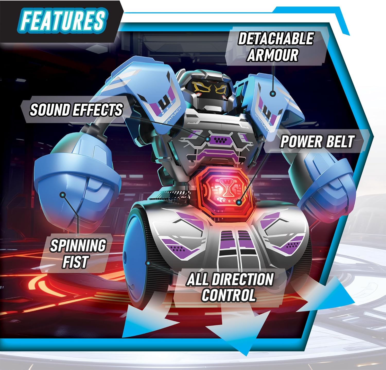 Diagram pointing out features of a Robo Kombat Tornado robot: Detachable Armour, Sound Effects, Spinning Fist, All Direction Control, Power Belt.