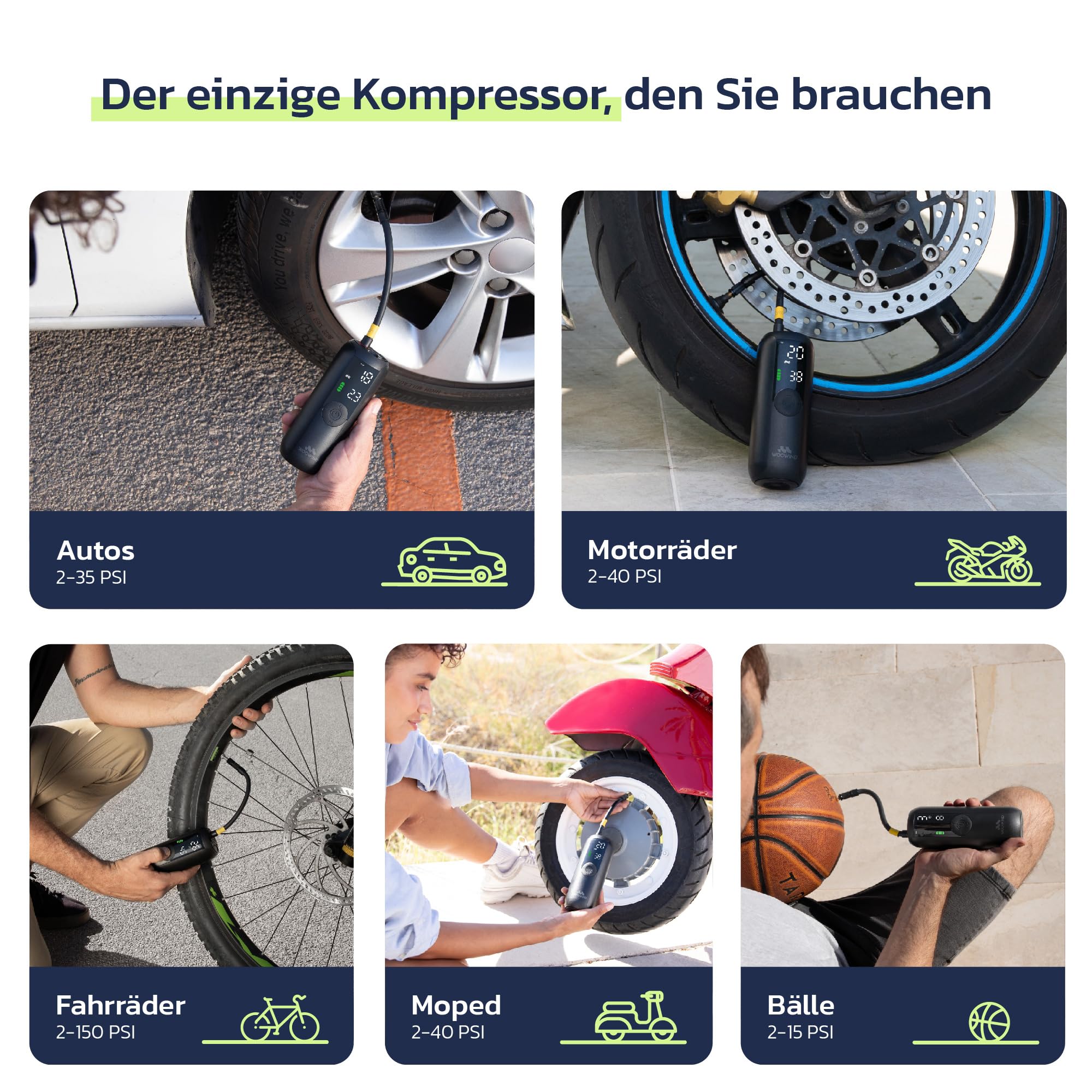 Woowind LP1 Luftpumpe Fahrrad, Fahrradpumpe Elektrisch, 1-Minuten-Aufpumpen, 150PSI/10,3Bar Akku Kompressor, Elektrische Luftpumpe, Automatischer Abschaltung, LCD-Display, LED-Licht
