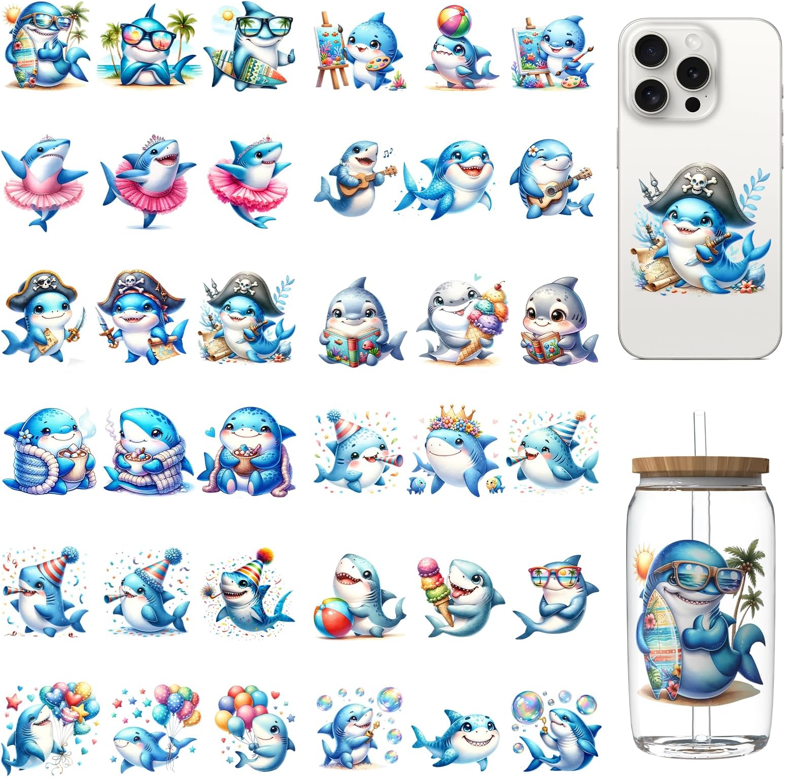 36 Sheets UV DTF Cup Wraps for 16 OZ, UV DTF Cup Wrap was Made up by Shark Style Pictures, Widely be Used on Mugs, Cups, iPhone,Desk Surfaces and so on