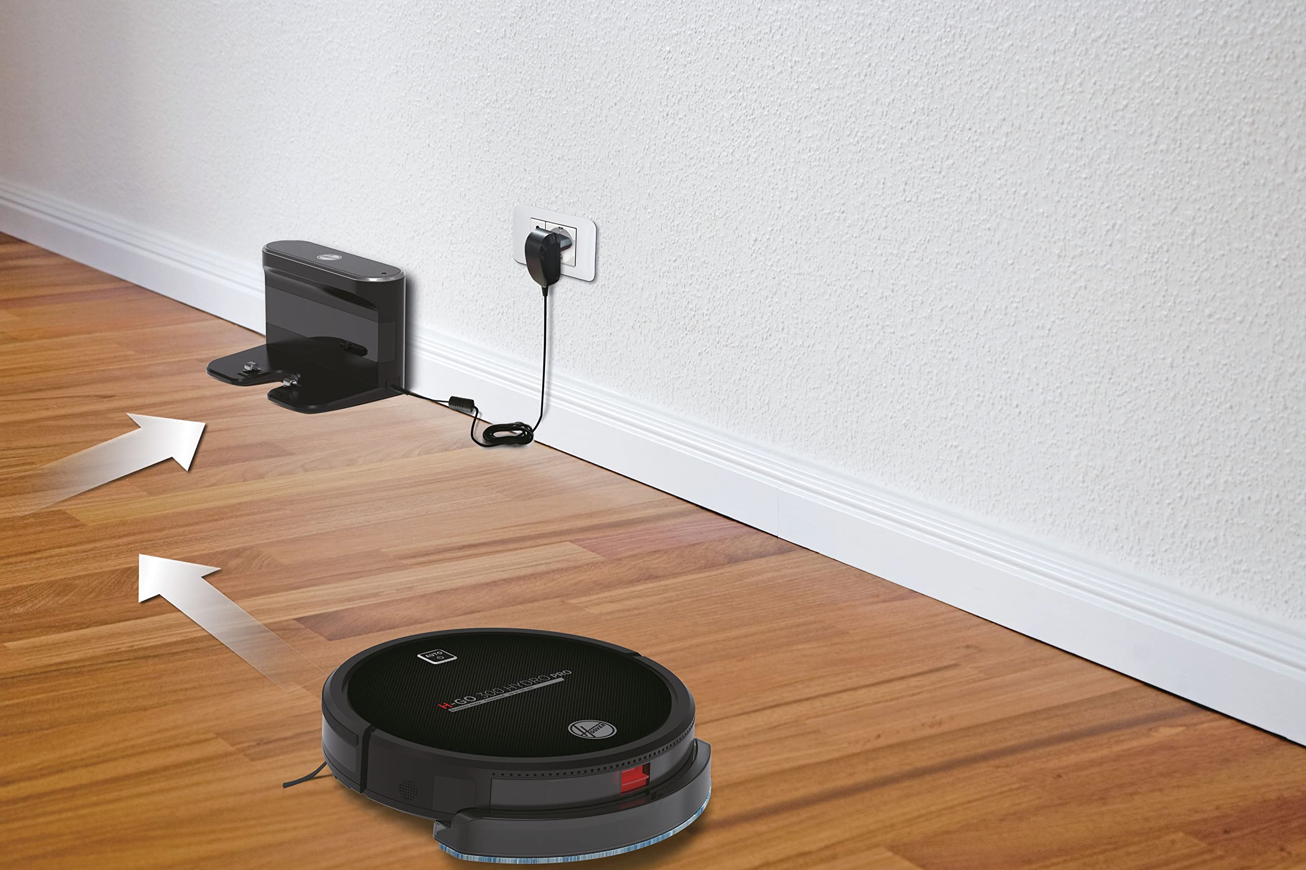 Hoover H-GO 300 - Hydro Pro - HGO330HC Robot Aspirador, Aspira, Barre, friega y Pasa la mopa, 2 depósitos, Wi-Fi, conexión Alexa, 120mins, Mando y Base de Carga, Sensor anticaída y antichoque, Negro