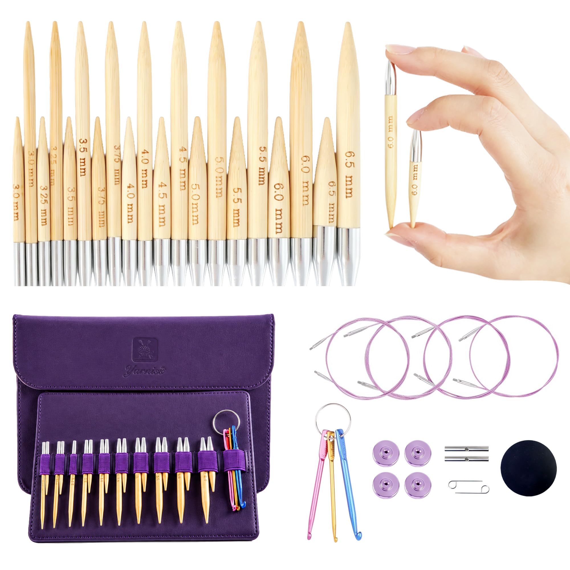 Yarniss 10 Size Shortie Circular Knitting Needles Set with Cable 3.25~6.5mm