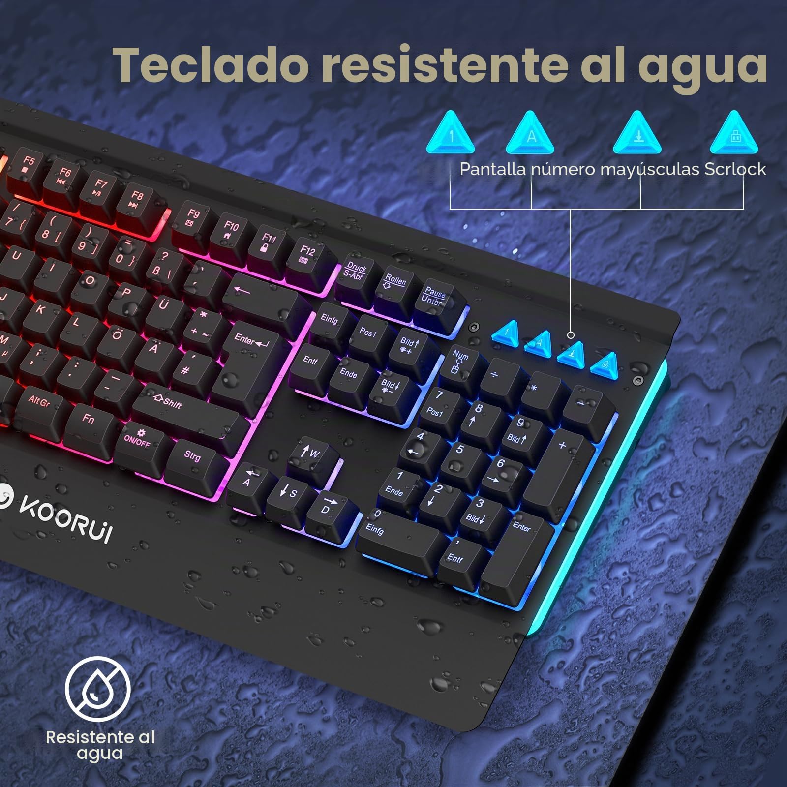 KOORUI Teclado para Videojuegos, diseño alemán QWERTZ con reposamuñecas, protección Fantasma, Cable USB, 12 Teclas Multimedia para Windows, MacOS Linux, Color Negro