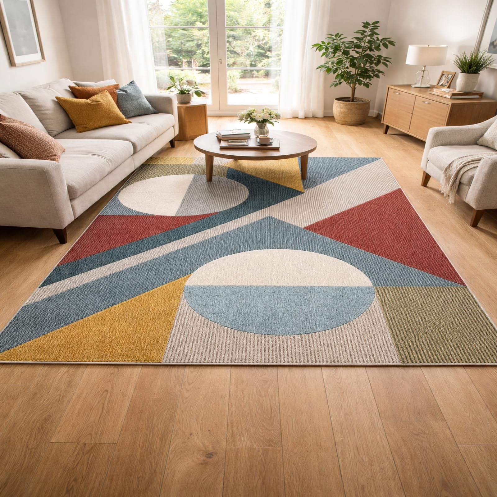 Tapis salon poils courts facile à nettoyer bleu rouge géométrique 200 x 280 cm