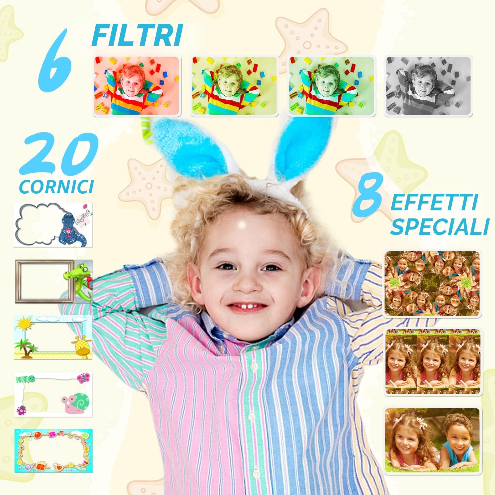 Ushining Macchina Fotografica Istantanea Bambini, 2,4 Pollici Fotocamera Istantanea Bambini, 12MP/1080P HD Videocamera con 32GB SD Scheda 3 Rotoli di Carta da Stampa 5 Penne Colorate, Blu
