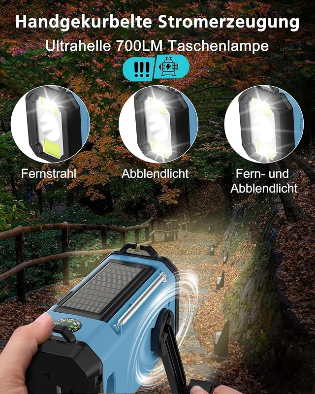 AXYEBI Kézi Hajtású Vészhelyzeti Rádió 13000 mAh Akkumulátorral - AM/FM Vétel, Napelemes Töltés, Zseblámpa, Olvasólámpa, Telefontöltő, Irány