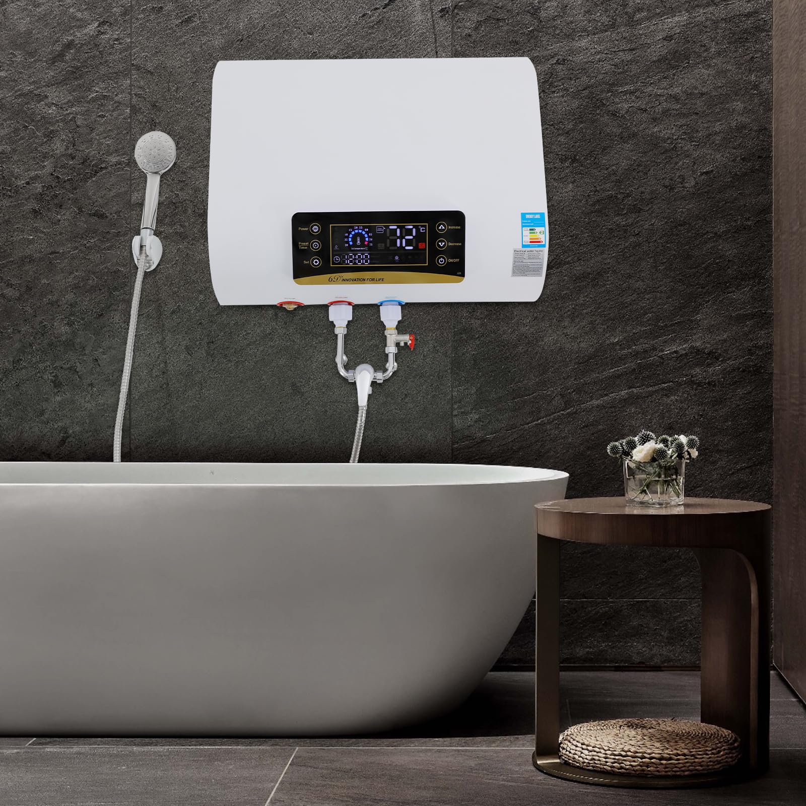 Serbatoio per acqua calda elettrica da 80 l, 220 V, scaldabagno a parete, con termostato, 30 – 75 °C, con unità doccia e dispositivo di protezione contro le perdite