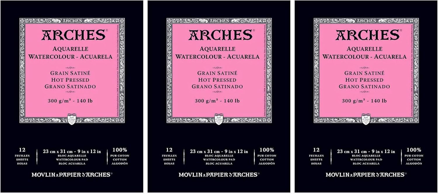 3-Pack - Arches Watercolor Pad, Hot Press 9" x 12" - 12 Sheets Each