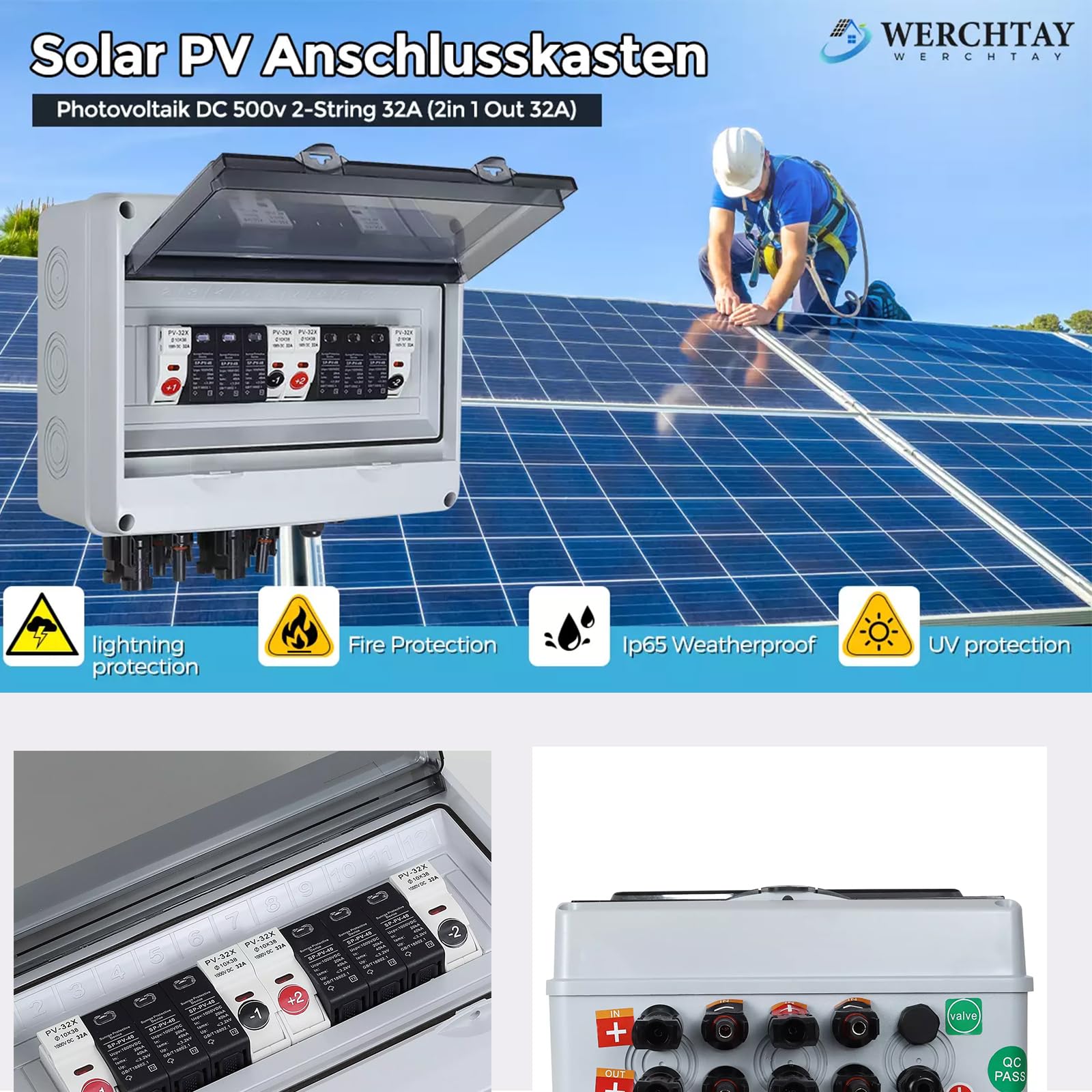 WERCHTAY Überspannungsschutz PV 1000V DC Trennschalter PV Anlage 32A Solar Anschlusskasten Solar System AC DC 1-strings 2-strings (12M)