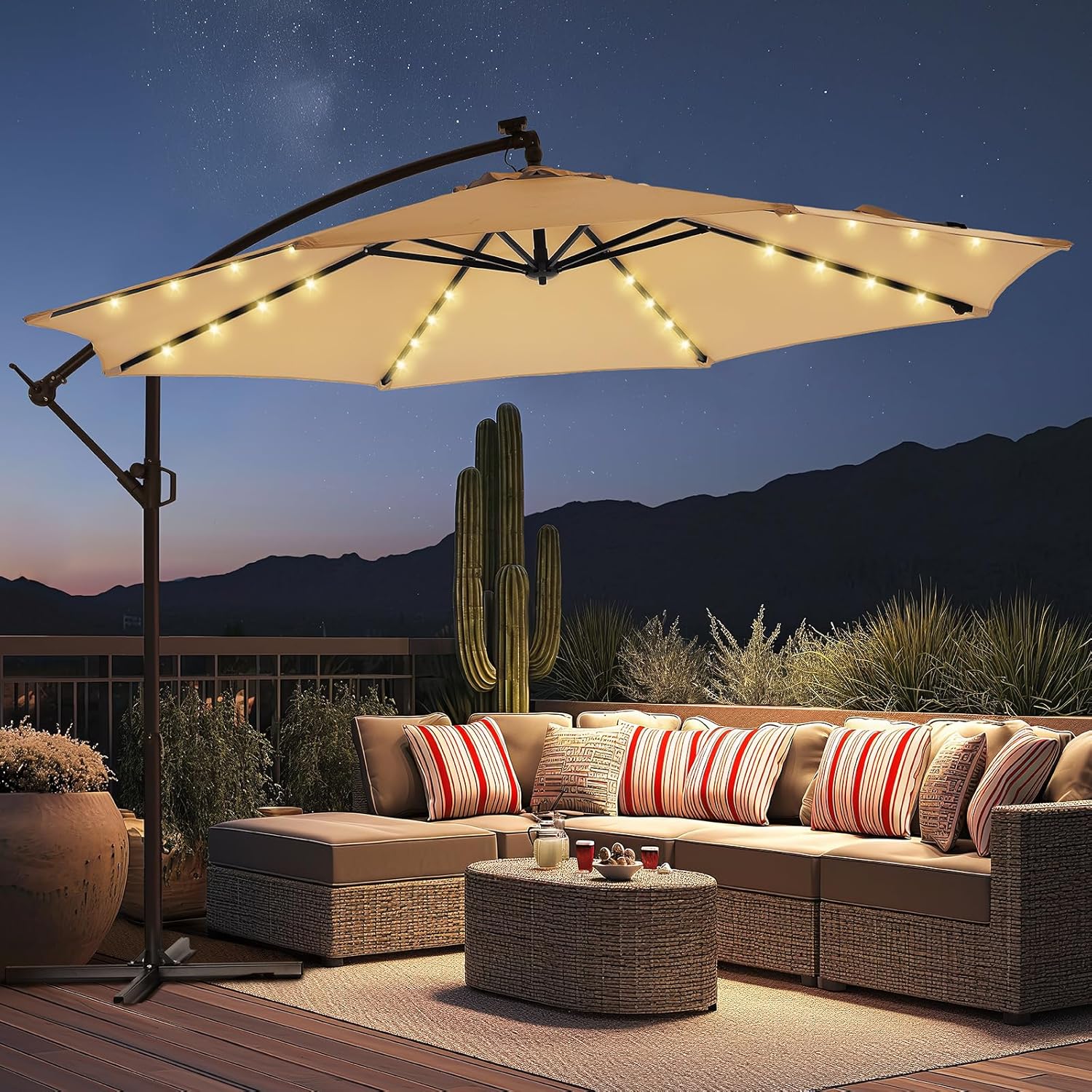HOMSHADE 10ft Solar Lights Offset Cantilever Patio Umbrella open at night with LED lights