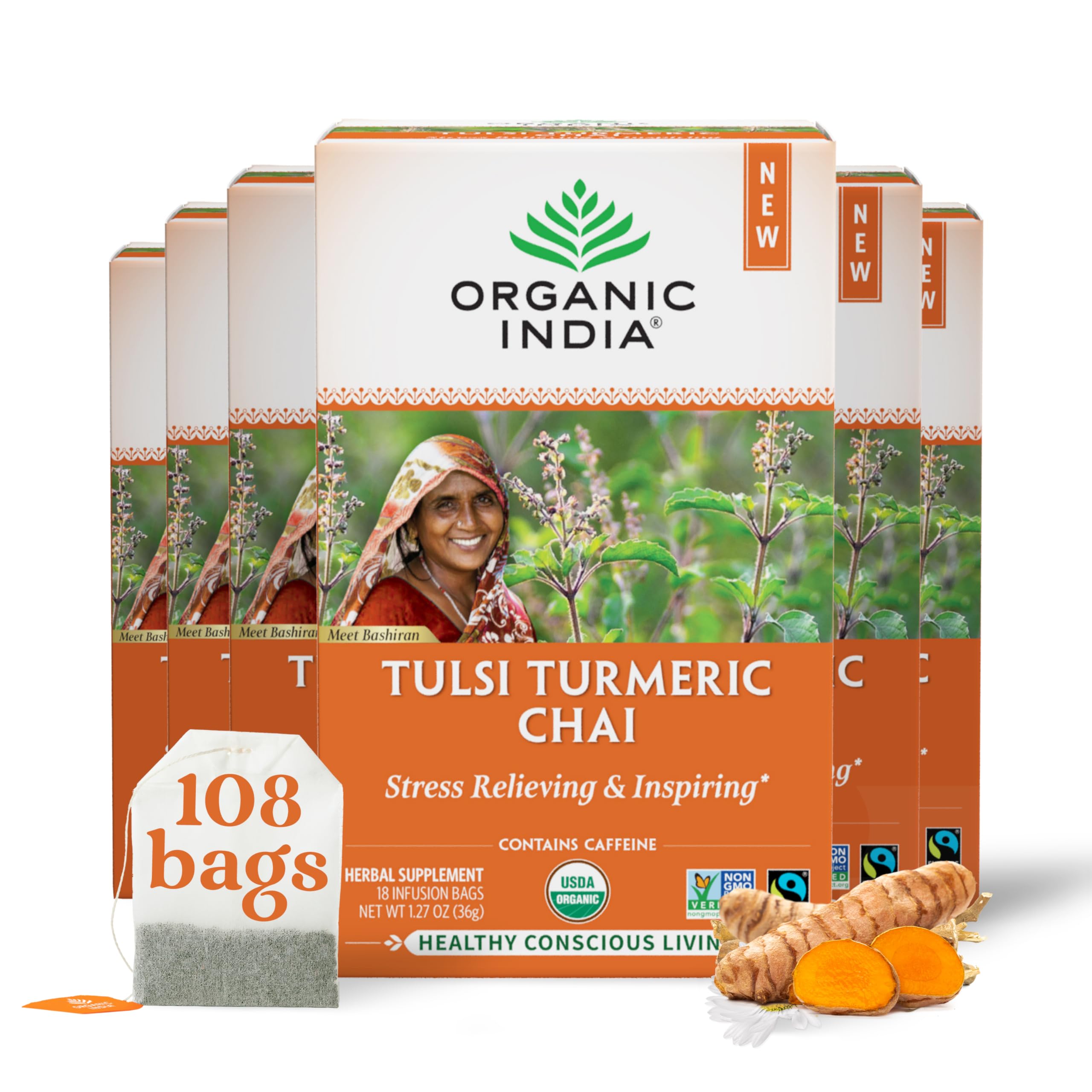 Organic India Tulsi Turmeric Chai Tea Herbal Tea Bags with