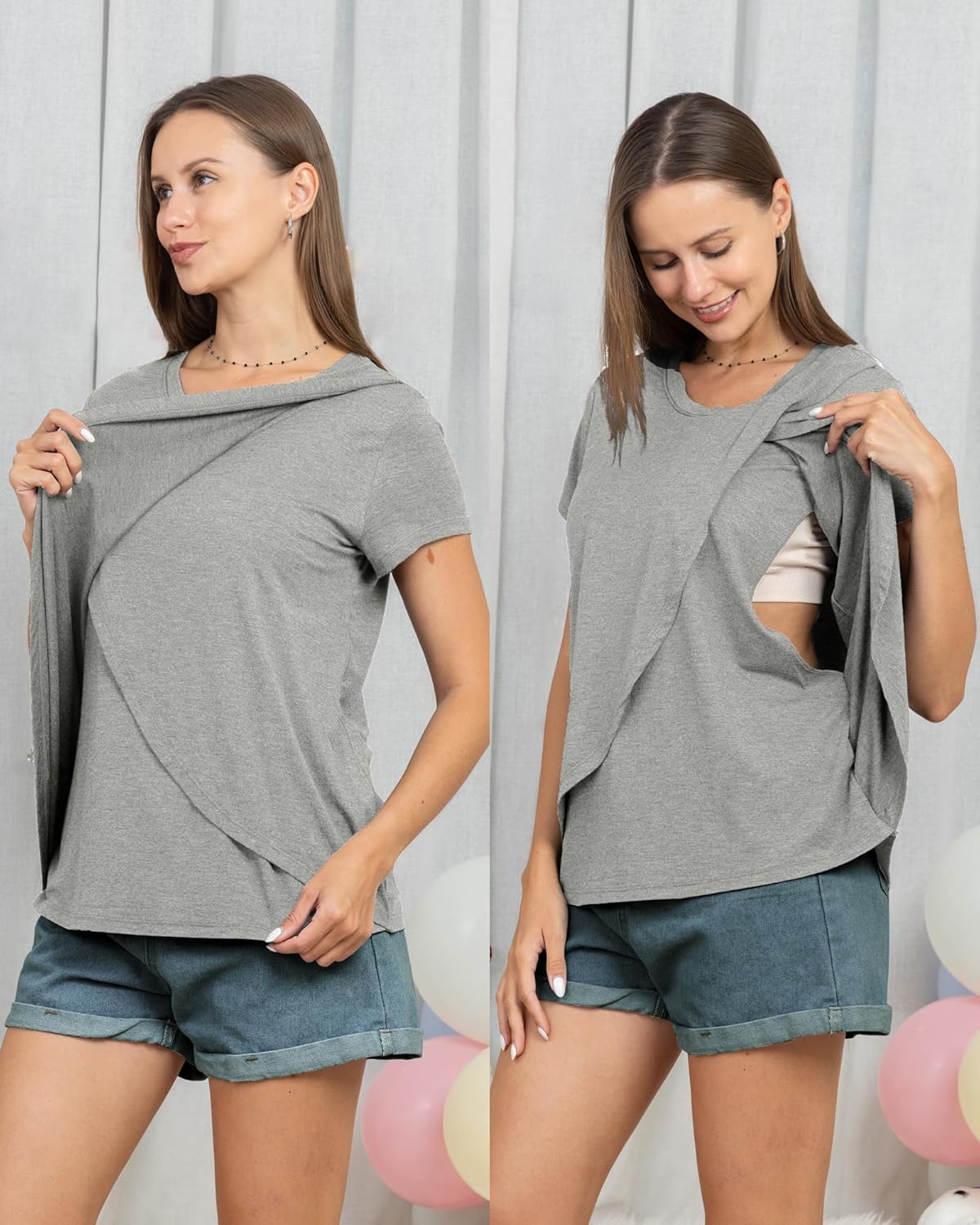 Rnxrbb 3 Pack Women's Nursing Tops for Breastfeeding Summer Short Sleeve T Shirts Postpartum Double Layer Clothes,Light Gray&Black&Gray Blue L - Image 5