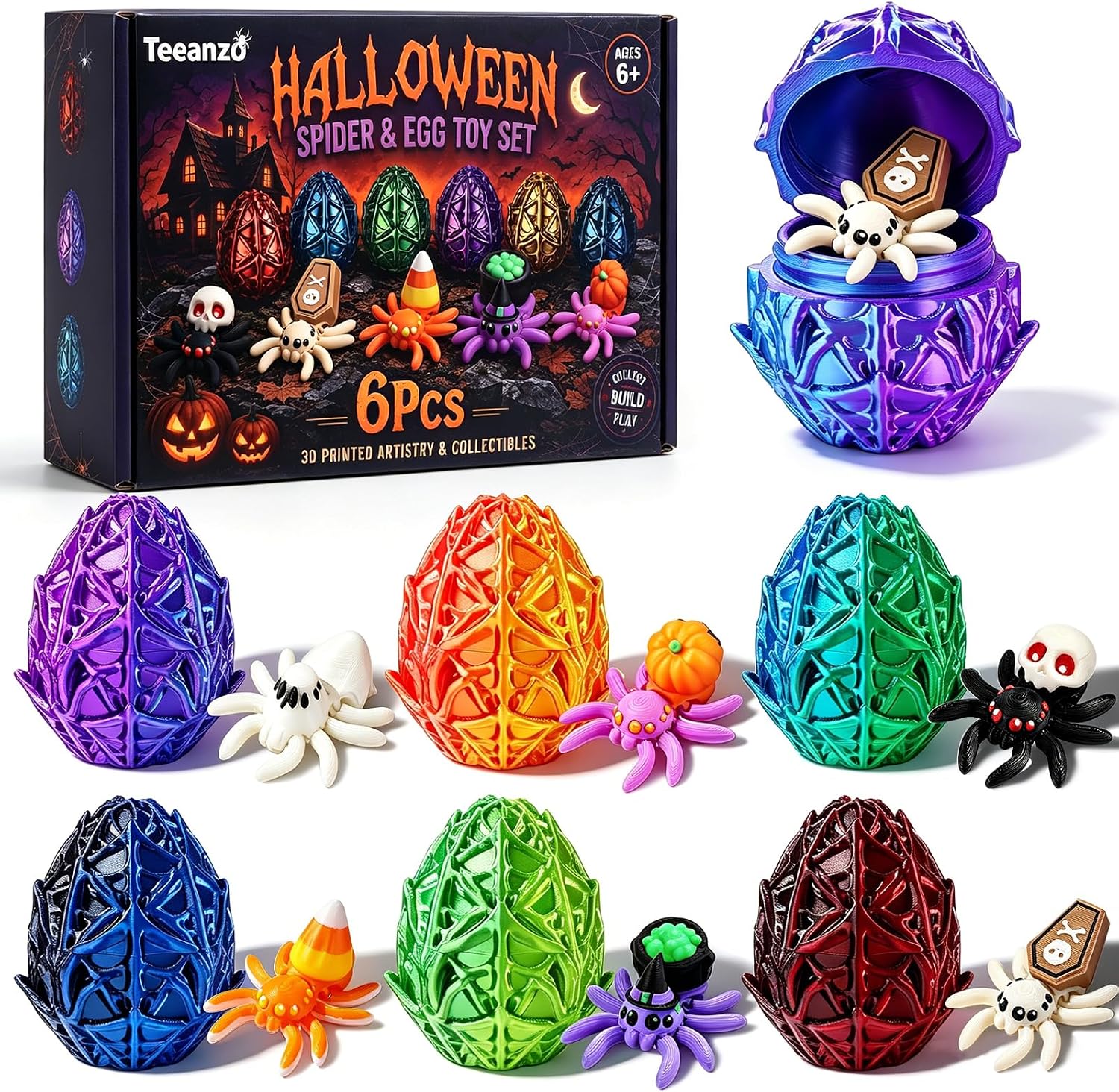 Halloween 3D Printed Toy Set 6 Pack Surprise Egg with Mini Spider Figures