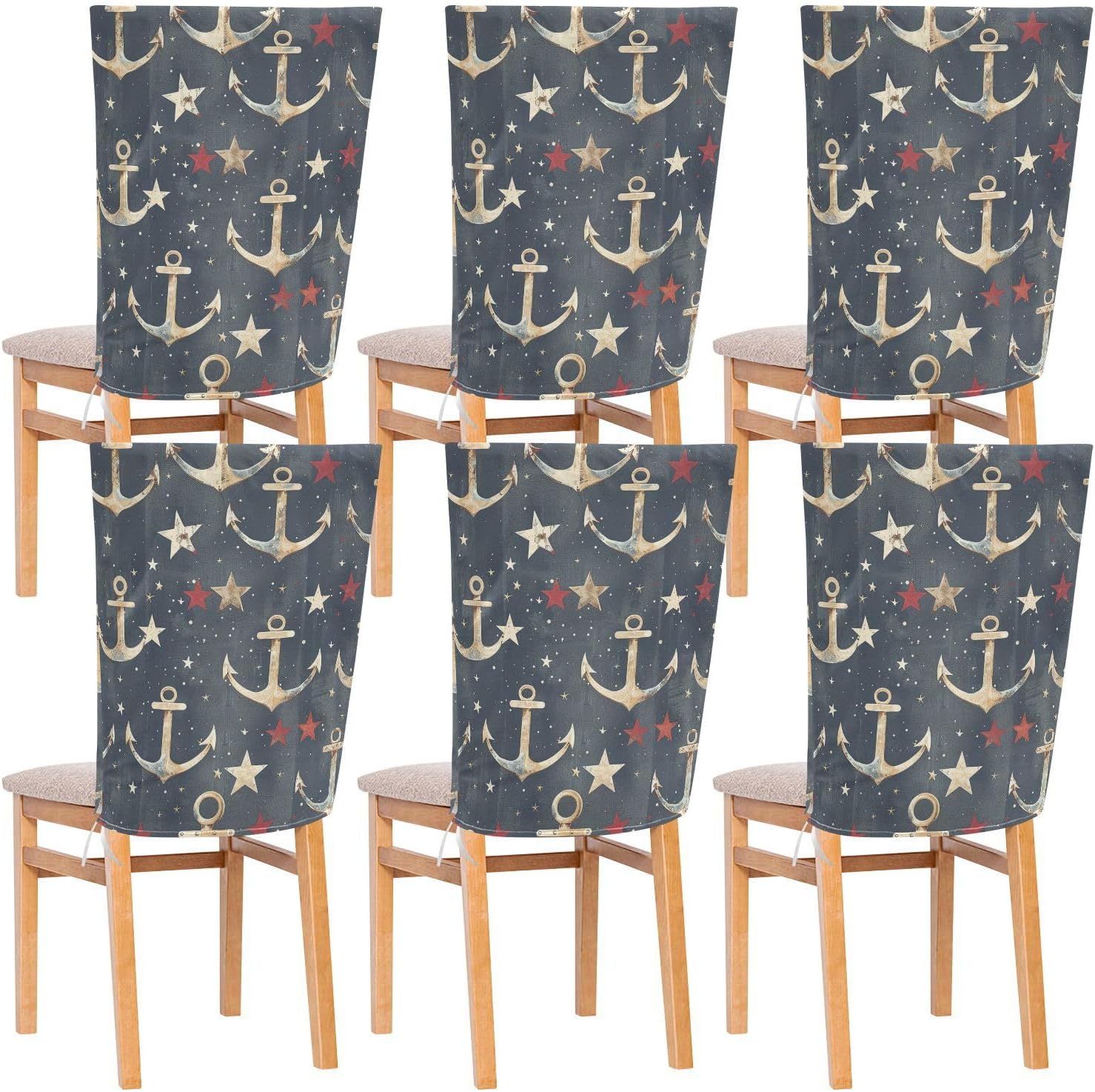 ALAZA Retro Anchor Stars Chair Back Cover Set of 6, Washable Reusable Removable Chair Slipcovers Decorative Chair Cover for Home Kitchen Wedding Party