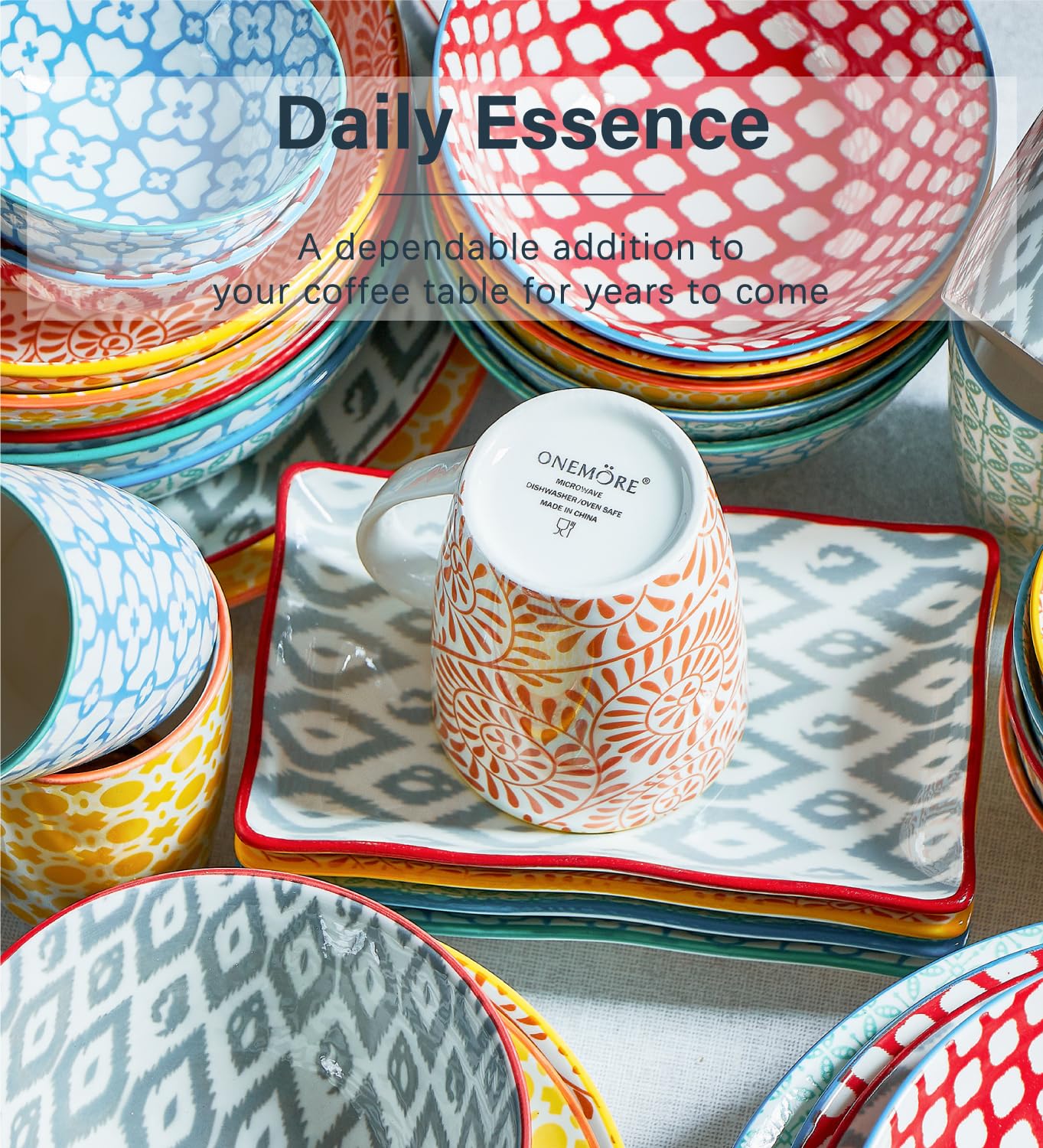 ONEMORE Coloful Zestaw 6 kubków do kawy 350 ml, bezpieczne w kuchence mikrofalowej, ceramiczne kubki z uchwytem, nadają się do zmywarki/piekarnika, trwałe, unikalne opcje na prezent, różne kolory