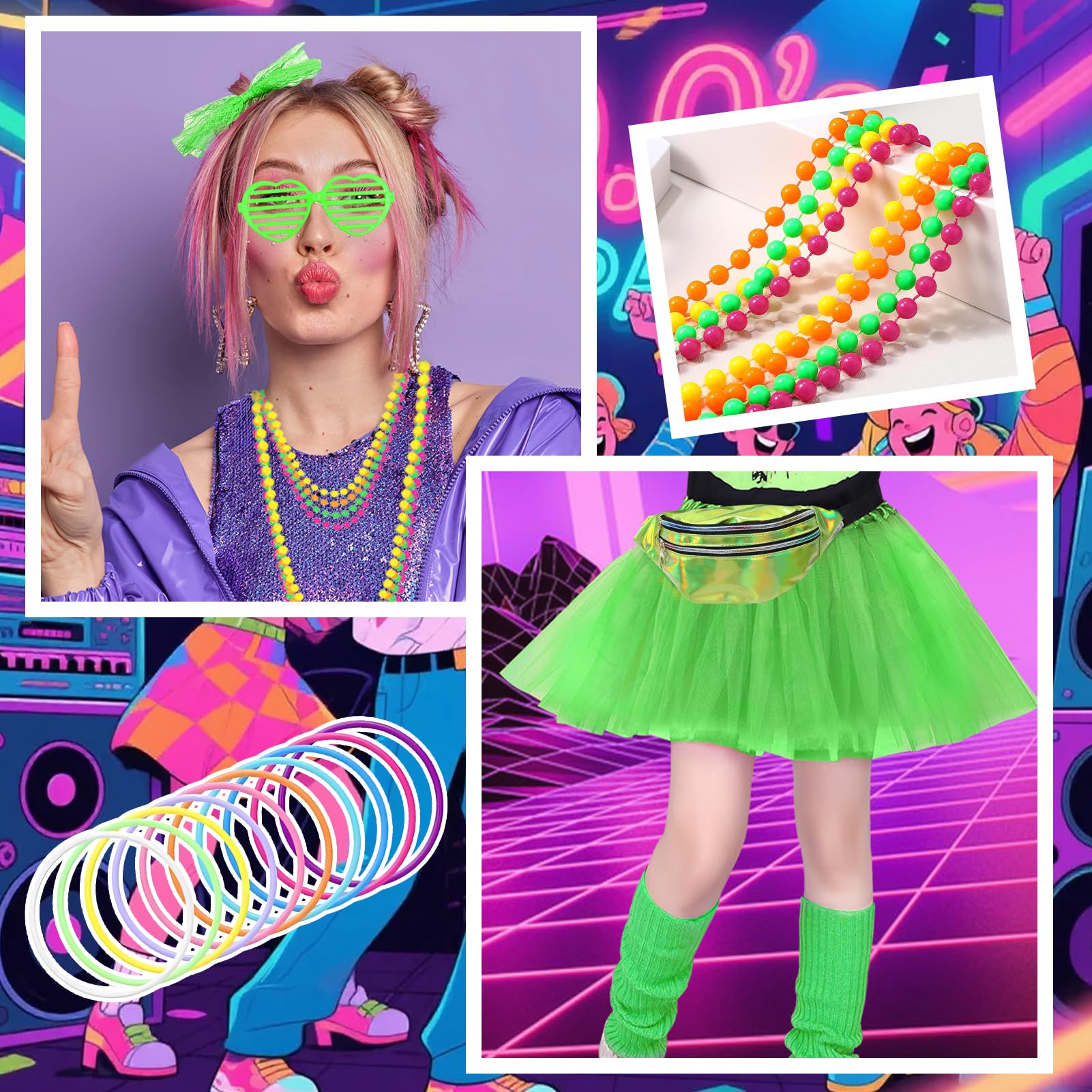 Meriviva 25 Pcs 80s Fancy Dress for Women 1980s Accessories with Neon Tutu Skirt Bracelets Necklaces Leg Warmers Fishnet Gloves Headband Glasses Earrings for 80s Party Dress Up (Green) - Image 4