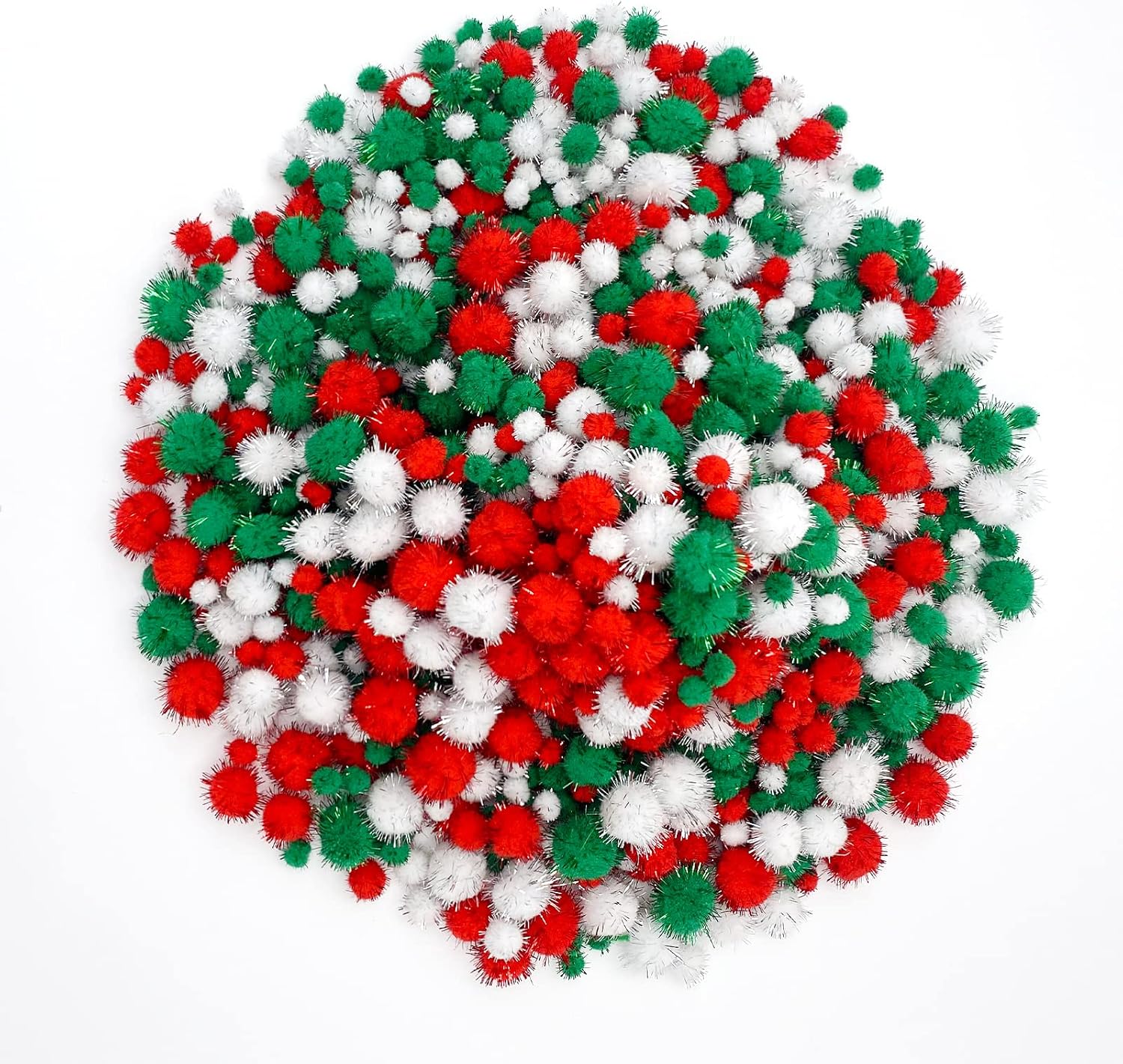 Lusy DM 1500 Pieces Christmas Pom Pom Glitter Balls Tinsel for Craft Making and Hobby Supplies (4 Sizes, White, Red, Green)