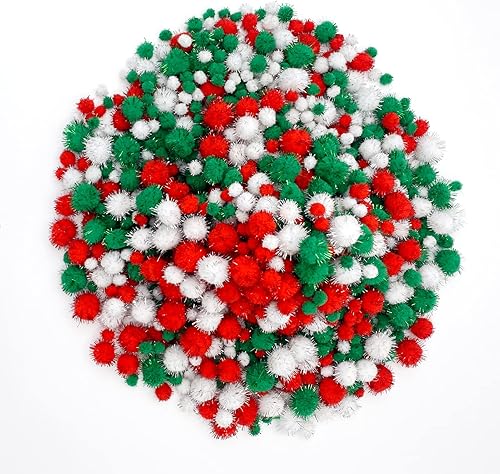 Lusy DM 1500 pompones de Navidad con purpurina para hacer manualidades y suministros de pasatiempos (4 tamaños, blanco, rojo, verde)