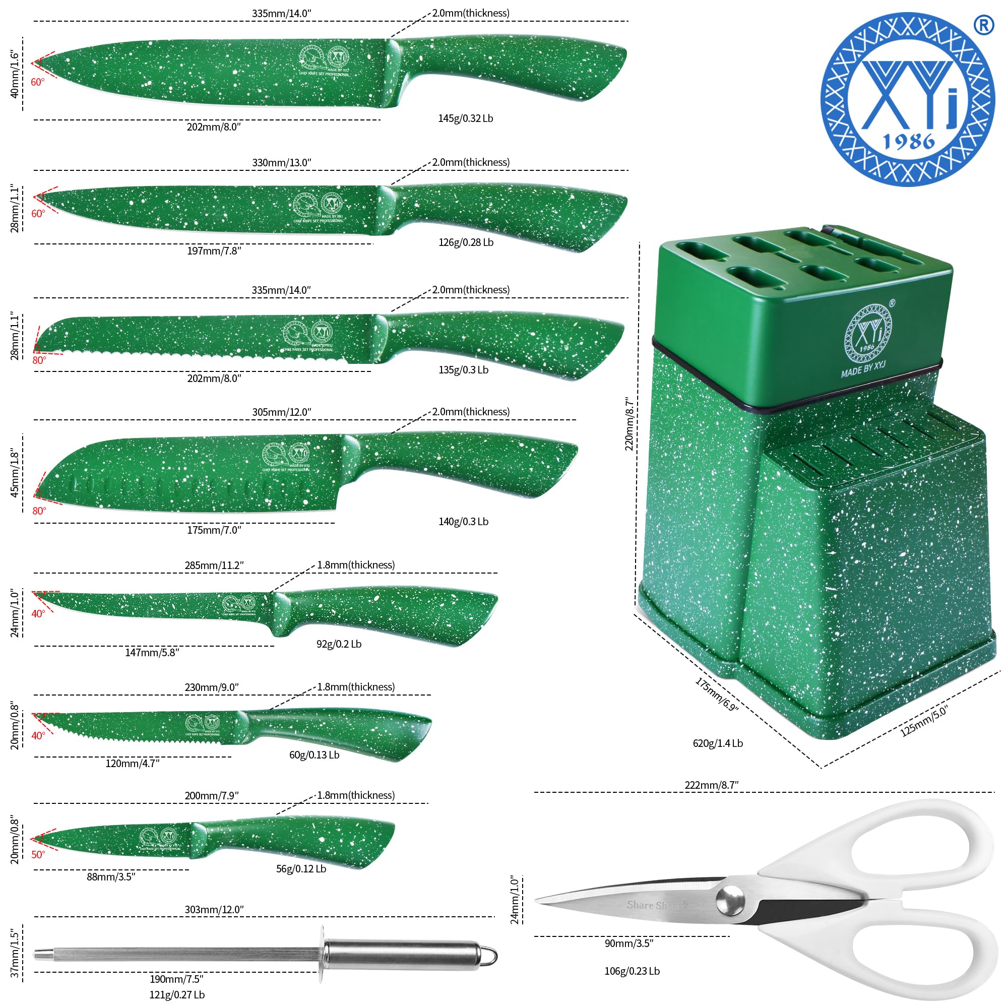 XYJ Authentic Since 1986 - Set di coltelli da cucina in acciaio inox con portacoltelli, manico verde, coltelli da cucina giapponesi, coltello da bistecca, coltello trinciante, coltello da pane