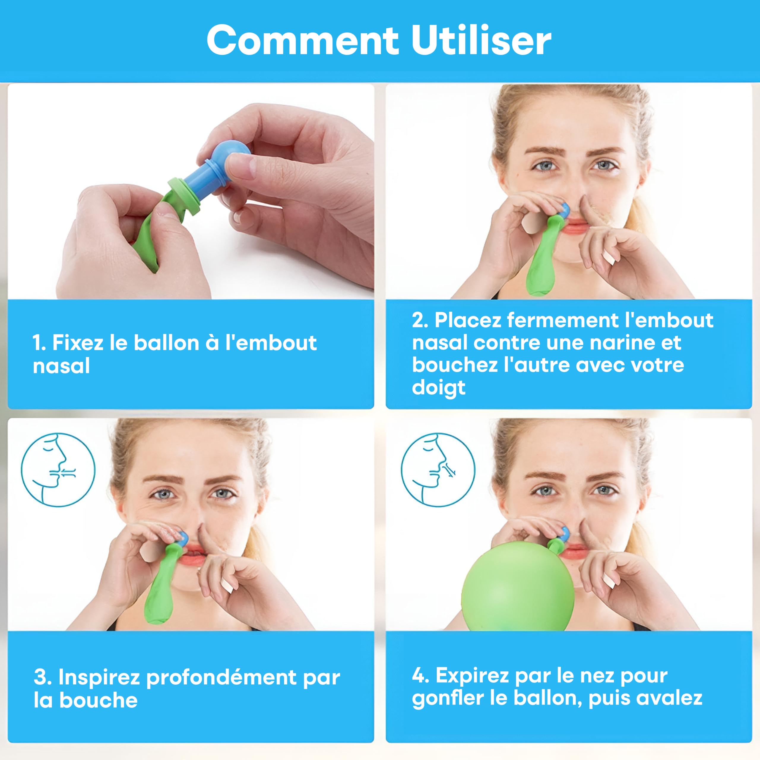 Déboucheur d'oreille d'Eustache - Utile pour l'Otite Séreuse dans l'Oreille et l'Infection de l'Oreille Moyenne pour Adultes et Enfants - Livré avec 3 Embouts Nasaux, 3 Couvercles et 10 Ballons