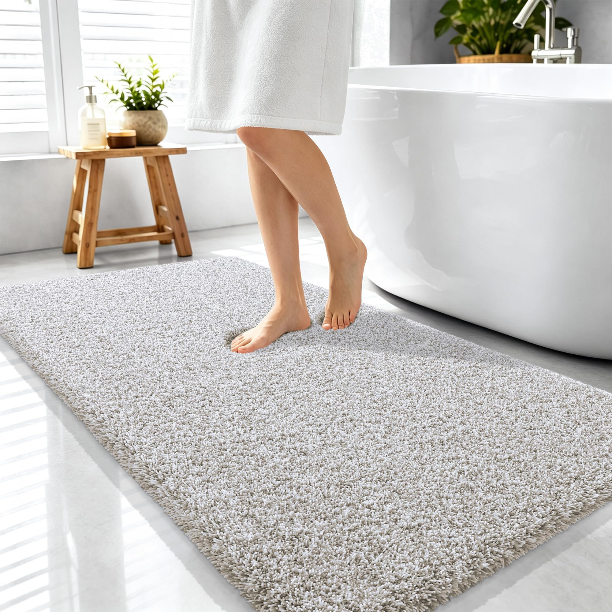 OLANLY Microfiber Bathroom Rugs 44x24, Quick Dry Bath Mat, Greige and White