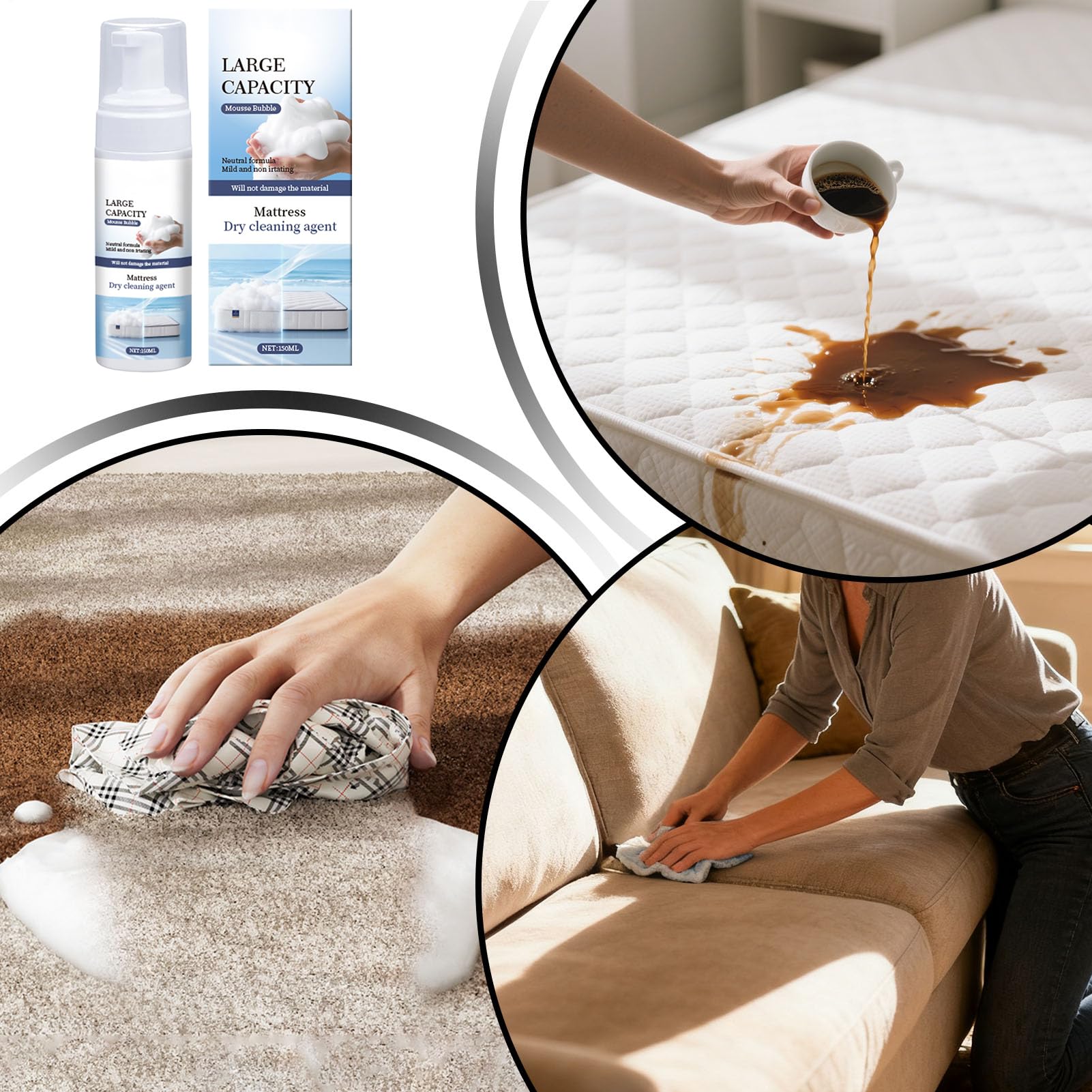 Détachant pour matelas - 150 ml - Nettoyage doux et frais à long terme - Spray multifonction - Pour canapés, rembourrage, dortoir, hôtel