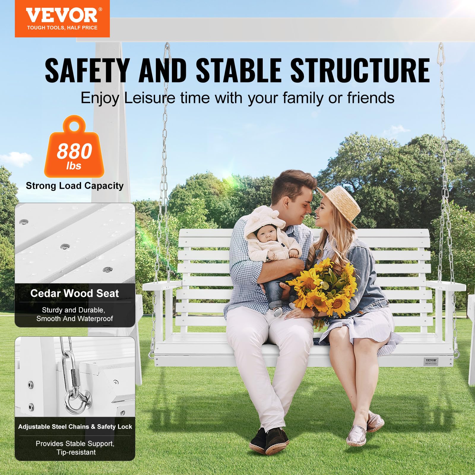 VEVOR Columpio de Madera para Porche de 4,5 '', Columpio de Banco para Patio y Jardín, Capacidad de Carga Fuerte Mejorada de 880 Libras, Banco de Silla con Cadenas Colgantes, Marrón Carbonizado